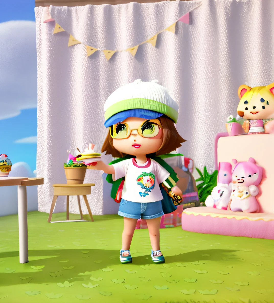 There was a cartoon girl with a cake in the room, animal crossing style, animal crossing character, cute character, Cute:2, acnh, kawaii shirt and jeans, style of maple story, ingame image, walter white in animal crossing, it's wearing a cute little hat, kawaii hq render, cute 3 d render, casually dressed, tchibi