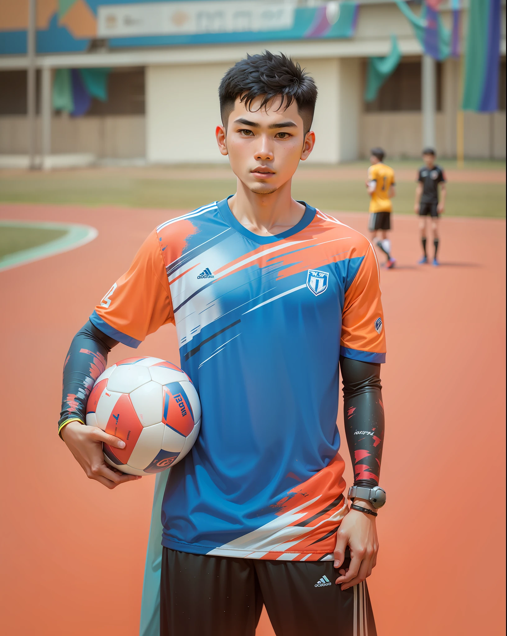 there is a young man holding a soccer ball on a field, mohamed chahin style, thawan duchanee, nivanh chanthara, very very low quality picture, mohamed chahin, dribble contest winner, quy ho, trending dribble, hoang long ly, made with photoshop, bao pham, khyzyl saleem, football player