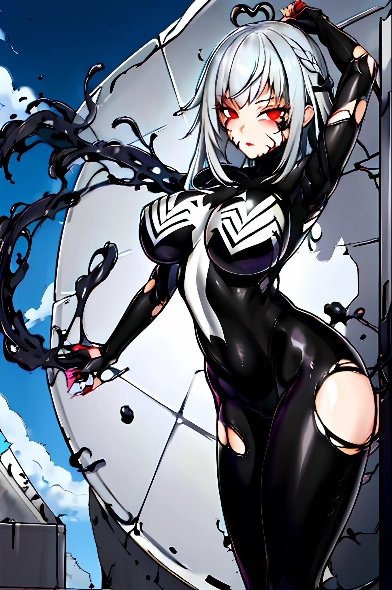 Masterpiece, Best quality, A high resolution, SH1, Red eyes, Gray hair and long hair,mitts, Black and white bodysuit, Makeup, standing, Cowboy shot, (Torn clothes:1.2),