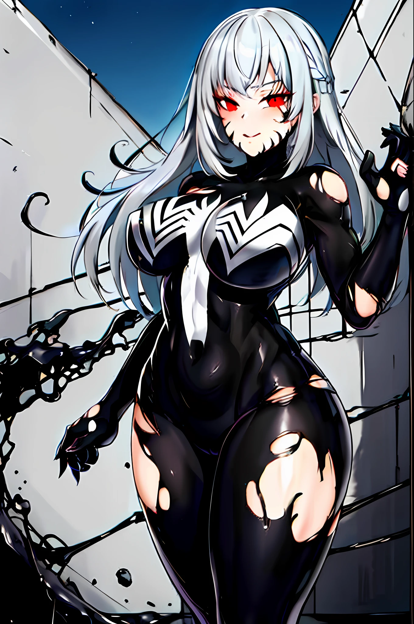 Masterpiece, Best quality, A high resolution, SH1, Red eyes, Gray hair and long hair,mitts, Black and white bodysuit, Makeup, standing, Cowboy shot, (Torn clothes:1.2),