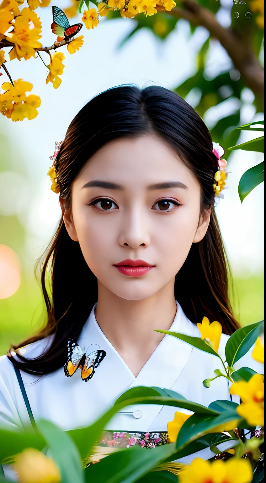 Close-up of a woman with a butterfly in her hair, inspired by Sim Sa-jeong, Inspired by Tang Yifen, Li Zixin, ruan jia beautiful!, Yun Ling, Inspired by Huang Ji, Inspired by Ai Xuan, xintong chen, inspired by Chen Lin, shaxi, dilraba dilmurat, inspired by Li Fangying