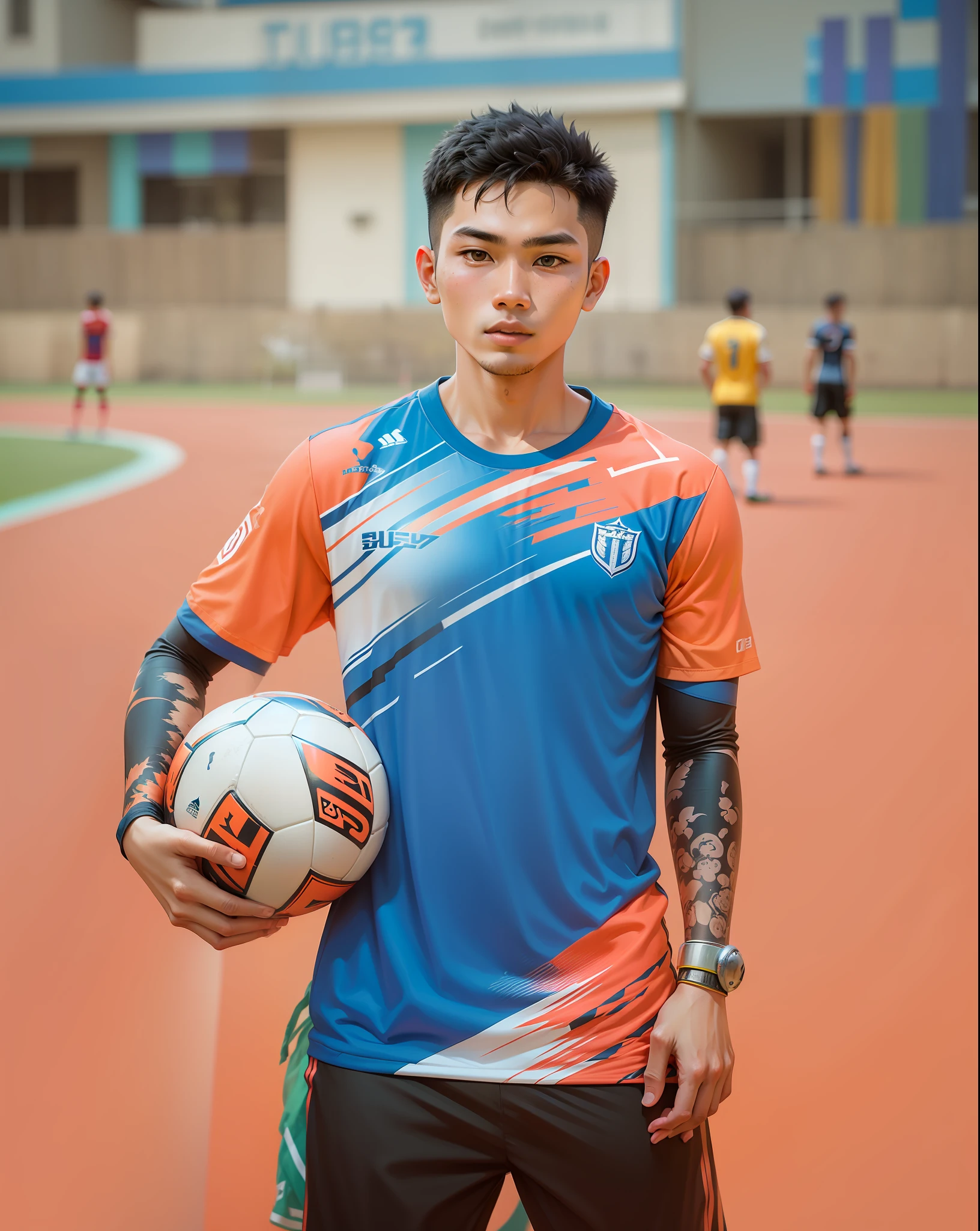 there is a young man holding a soccer ball on a field, mohamed chahin style, thawan duchanee, nivanh chanthara, very very low quality picture, mohamed chahin, dribble contest winner, quy ho, trending dribble, hoang long ly, made with photoshop, bao pham, khyzyl saleem, football player