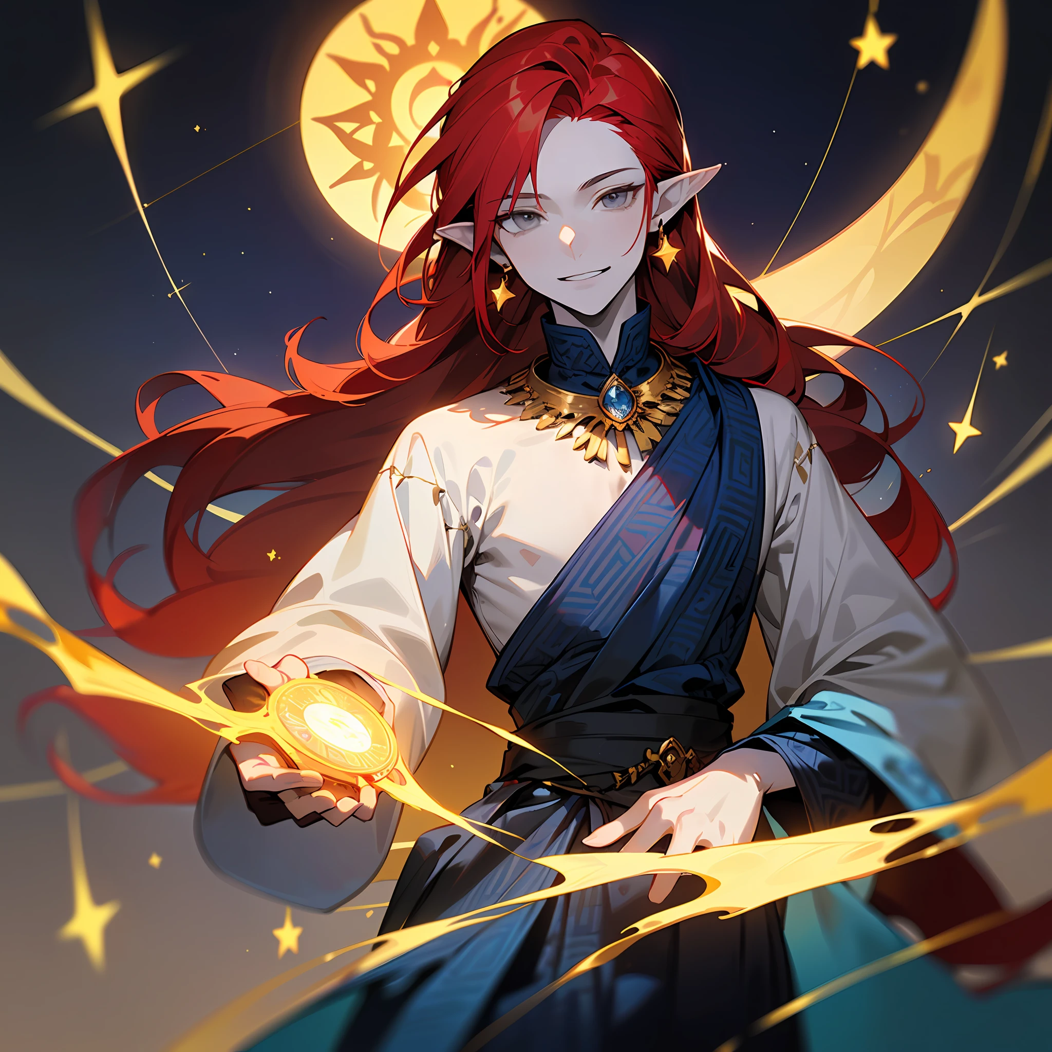 young woman, pale one young man, (((male))), (((man))), (((one person))), (((single))), (((solo))), 1guy, (((very pale skin))), ((pale skin)), (((red hair))), ((red colored hair)), (((grey colored eyes))), long hair, slim body, ((flat chest)), ((wearing fantasy clothes)), ((fantasy style)), (((indigo colored clothes))), (((indigo clothes))), ((black colored clothes)), ((golden details)), ((patterns on clothes)), (((fantasy patterns on clothes))), (((magical patterns on clothes))), ((wearing golden accessories in hair)), ((golden jewellery)), ((pointy ears)), (((grey eyes))), smooth skin, (stars decoration), sun moon decoration, magic, ((male face)), smiling, (((casting a magic spell))), (((casting a spell))), sorcerer