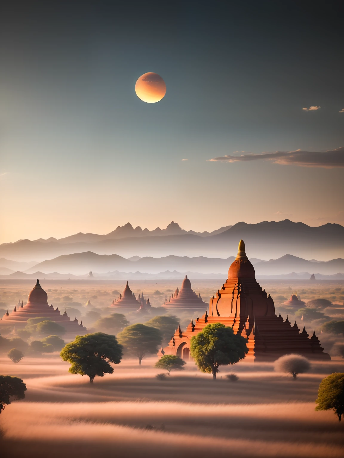 Beautiful Bagan landscape, UHD, 4k, highly detailed peaceful land, golden ratio, intricate textures, (theatre lighting; 0.7), (white tint: 0.8), (blue tint: 0.5), (pink tint: 0.6), (aqua tint: 0.5), (yellow tint: 0.4), masterpiece, RAW photo, (Bagan pagoda),  Palm trees, sunset, fantasy image, highly detailed realistic clouds, in the distance Only dry mountains