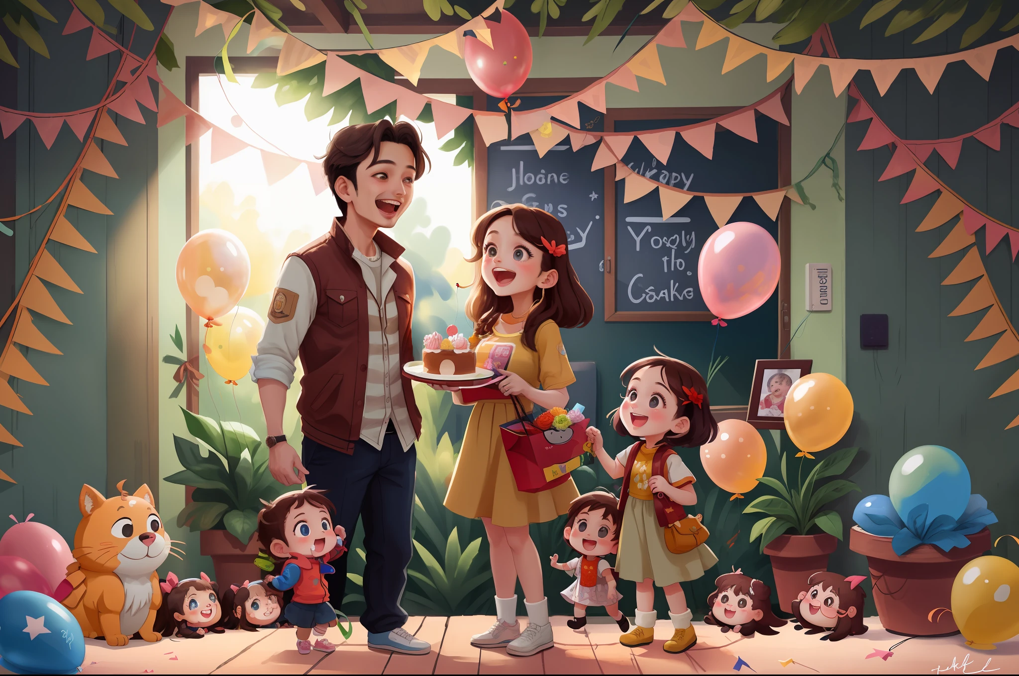 tmasterpiece，The young mother in the middle holds her daughter，The young father stood aside，Young mother holding her daughter with father，Birthday party，joyous，Happy and warm，Colorful balloons，Love arrangement，Colorful，Masterpieces，Ultra-wide lens