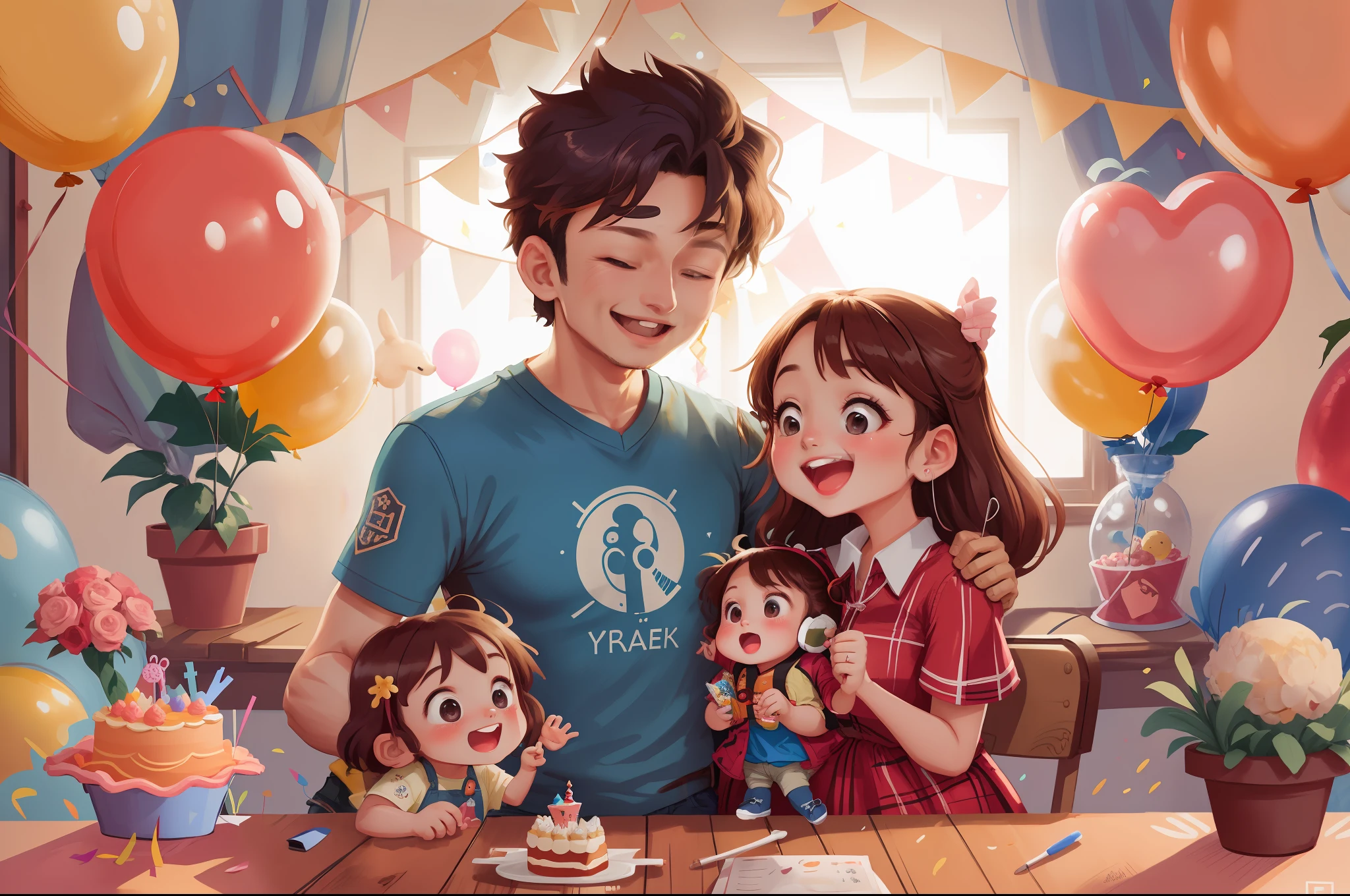tmasterpiece,Young mom and dad,Holding her daughter,Young father, young mother,Birthday party,joyous,Happy and warm,Colorful balloons,Love arrangement,Colorful,Masterpieces,Ultra-wide lens