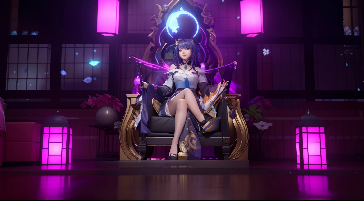 A woman sits in a chair in a room with pink lights, intricate ornate anime cgi style, Guviz-style artwork, hanayamata, A scene from the《azur lane》videogame, sitting on her throne, Guviz, trending on cgstation, Sitting on a throne, anime styled 3d, sitting on intricate throne, on her throne