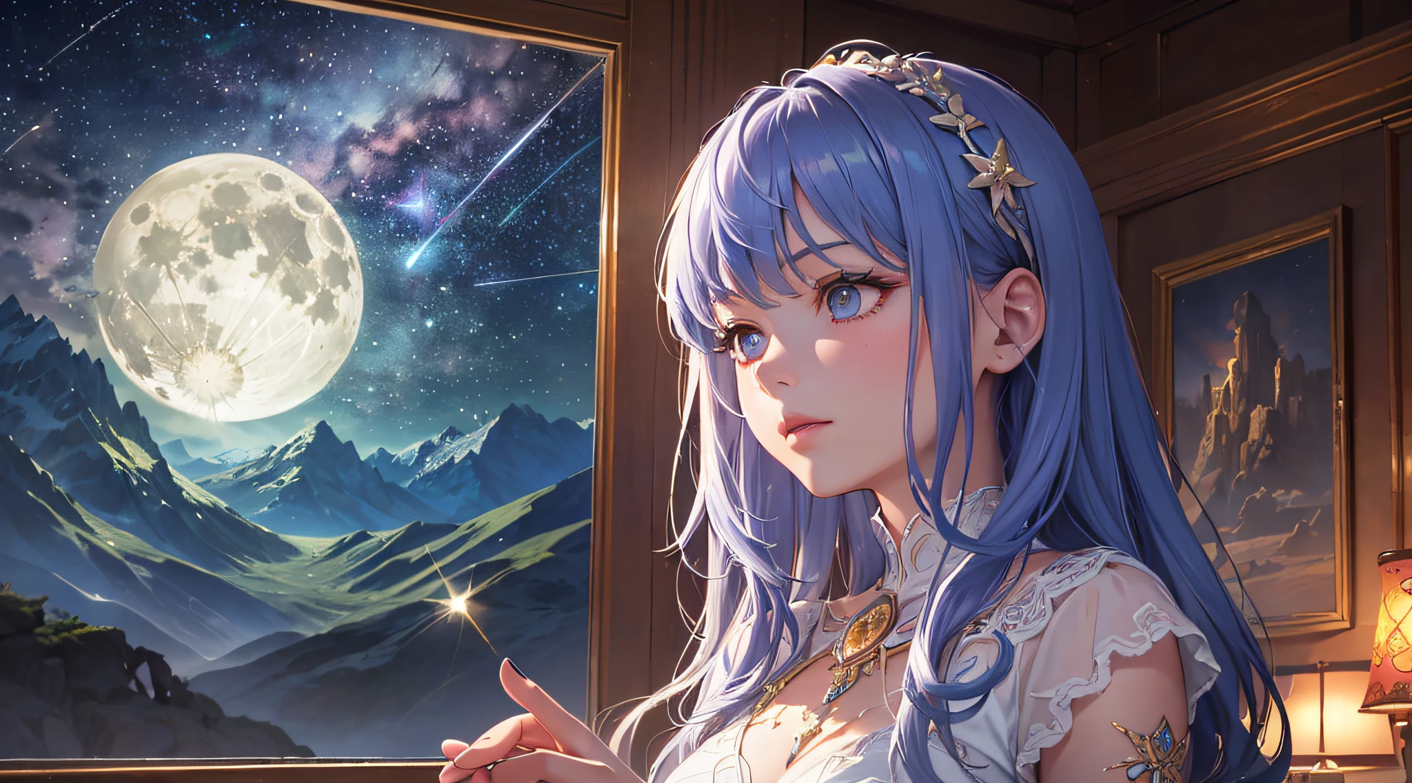 Expansive landscape photograph, (view from below with a view of the sky and wilderness below), little girl standing in a flower field looking up, (full moon: 1.2), (shooting star: 0.9), (nebula: 1.3), distant mountain, tree break production art, (warm light source: 1.2), (firefly: 1.2), lamp, purple and orange, intricate detail, volume lighting, realism break (masterpiece: 1.2) (Best Quality), 4K, Ultra-Detailed, (Dynamic Configuration: 1.4), Highly Detailed and Colorful Details, (Iridescent Colors: 1.2), (Glowing Lighting, Atmospheric Lighting), Dreamy, Magical, (Solo: 1.2)