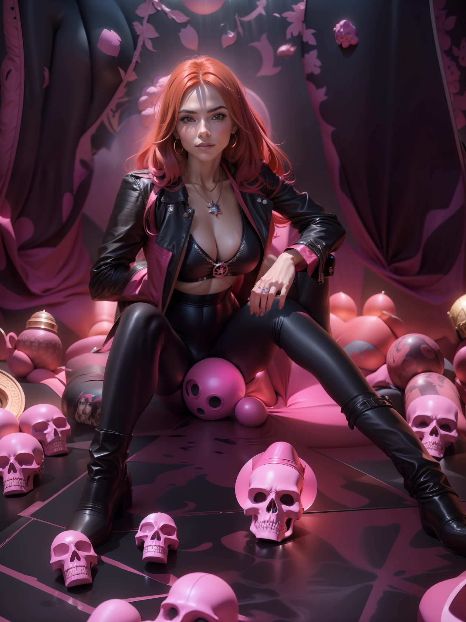 a sexy red-haired witch wearing a modern leather jacket and pink yoga pants, adorned with many magical accessories, casting a red magic circle, with a background of pink smoke and many skulls, in a seductive pose.

black leather jacket, pink yoga pants, black boots, pentagram necklace, crystal earrings, dark background, sultry and mysterious expression, Canon EOS R5 camera, Fujifilm Fujicolor Pro 400H film, 50mm lens, high saturation, Tim Burton, David LaChapelle, Sofia Coppola, Gucci, Alexander McQueen