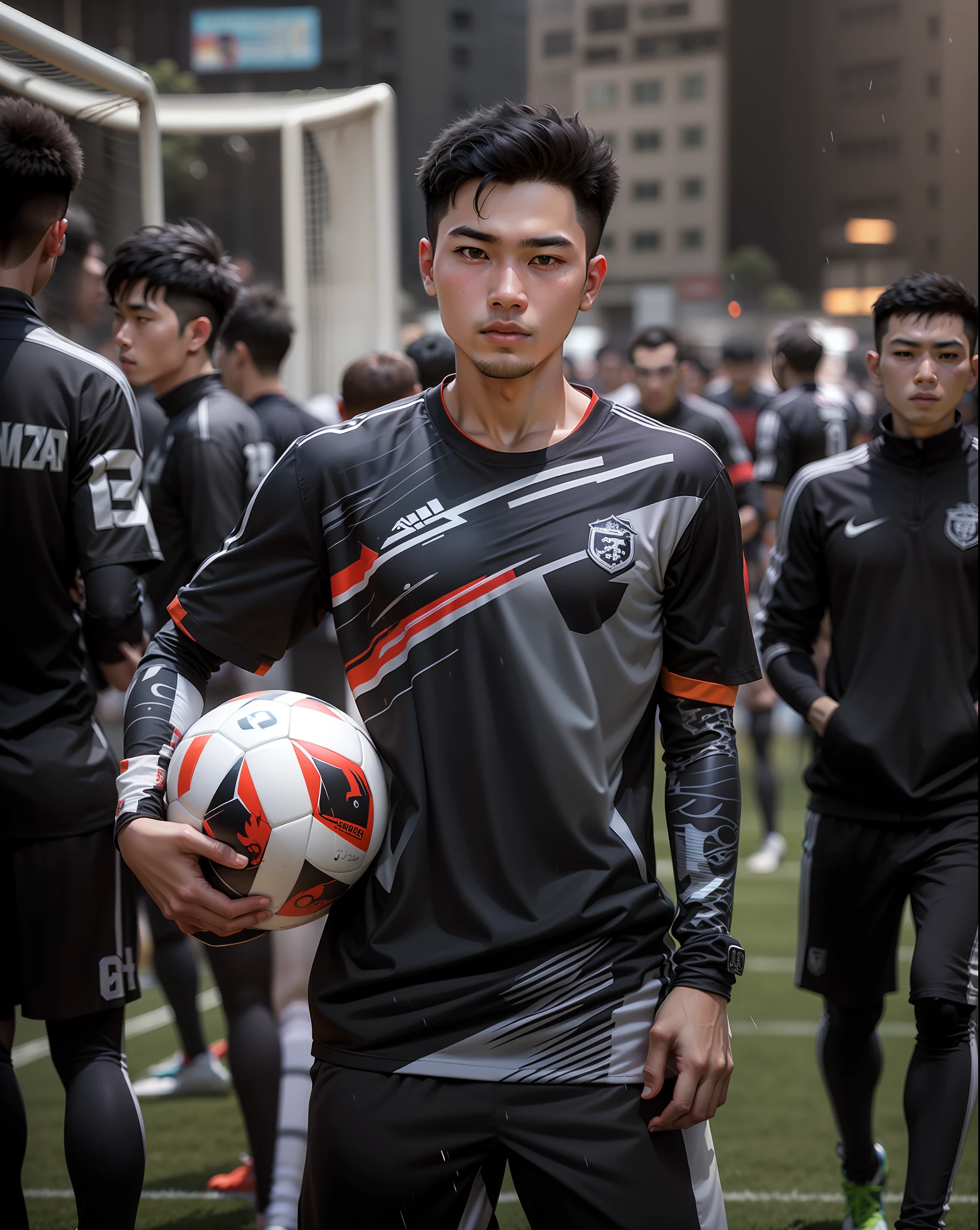 there is a young man holding a soccer ball on a field, mohamed chahin style, thawan duchanee, nivanh chanthara, very very low quality picture, mohamed chahin, dribble contest winner, quy ho, trending dribble, hoang long ly, made with photoshop, bao pham, khyzyl saleem, football player