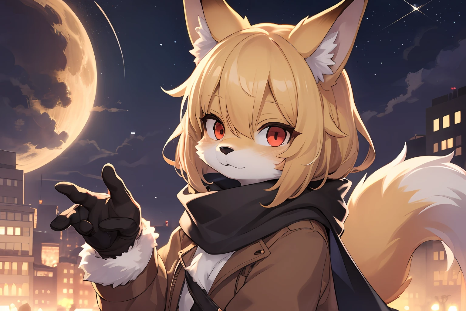 Fox Boy,?????? boy,hairy pubic,shaggy,Smoothes lashes,Skin fur,Golden fur,Short hair in men,Forelimb hands, solid circle eyes,Golden ears,Golden face fur , Short blonde hair,Red eyes,Super cute face,Brown elements on fur,Brown coat brown hood up,Star jacket,Ambient light,Ultra-fine fur,volumettic light,Night,natural lightting,fox tails,Fluffy tail,Furry tail,nevando,Night,A sky full of stars,Seawall side,crossed bangs, Hairline, Shiny hair,Empty eyes,35mm,sharp talons。High quality, high detal, Best quality, hyper HD, Dark brown gloves,Red and black diamond scarf,individual ,A half body