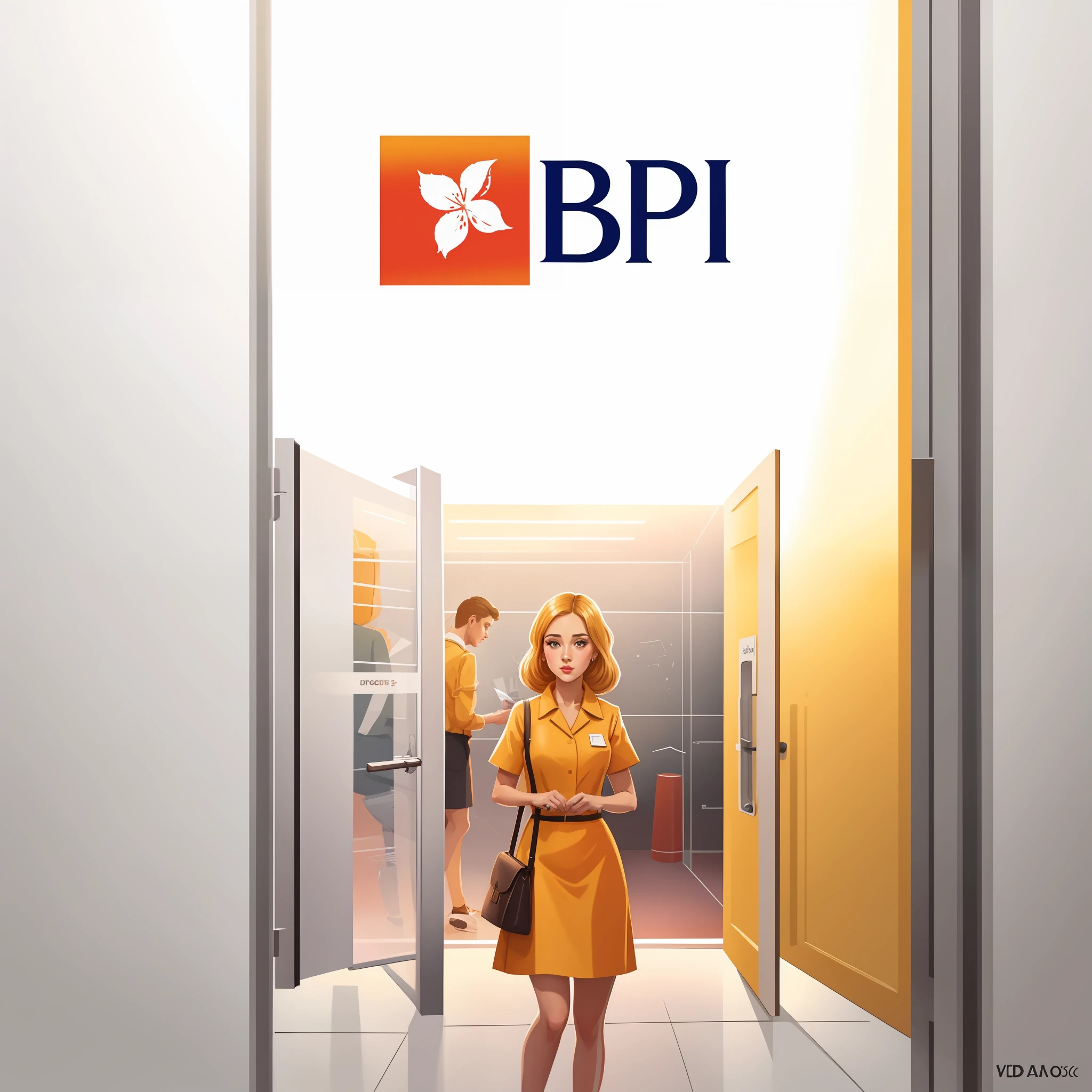 movie scene:[In europe, year 2030, in front of the glass access door to a branch of a modern bank,
[1 Doorman checking entrances], [in orange uniform], neatly combed
[3 very elegant customers making the entrance], wear elegant clothes in different colors], highly detailed illustration.", vehicle illustration, cartoon style illustration, cartoon style, HD illustration, ultra detailed illustration, vector illustration, highly detailed hyper real, highly detailed illustration, high detail illustration, retro illustration, highly detailed cartoon, artistic illustration, highly detailed vector art, a beautiful art illustration