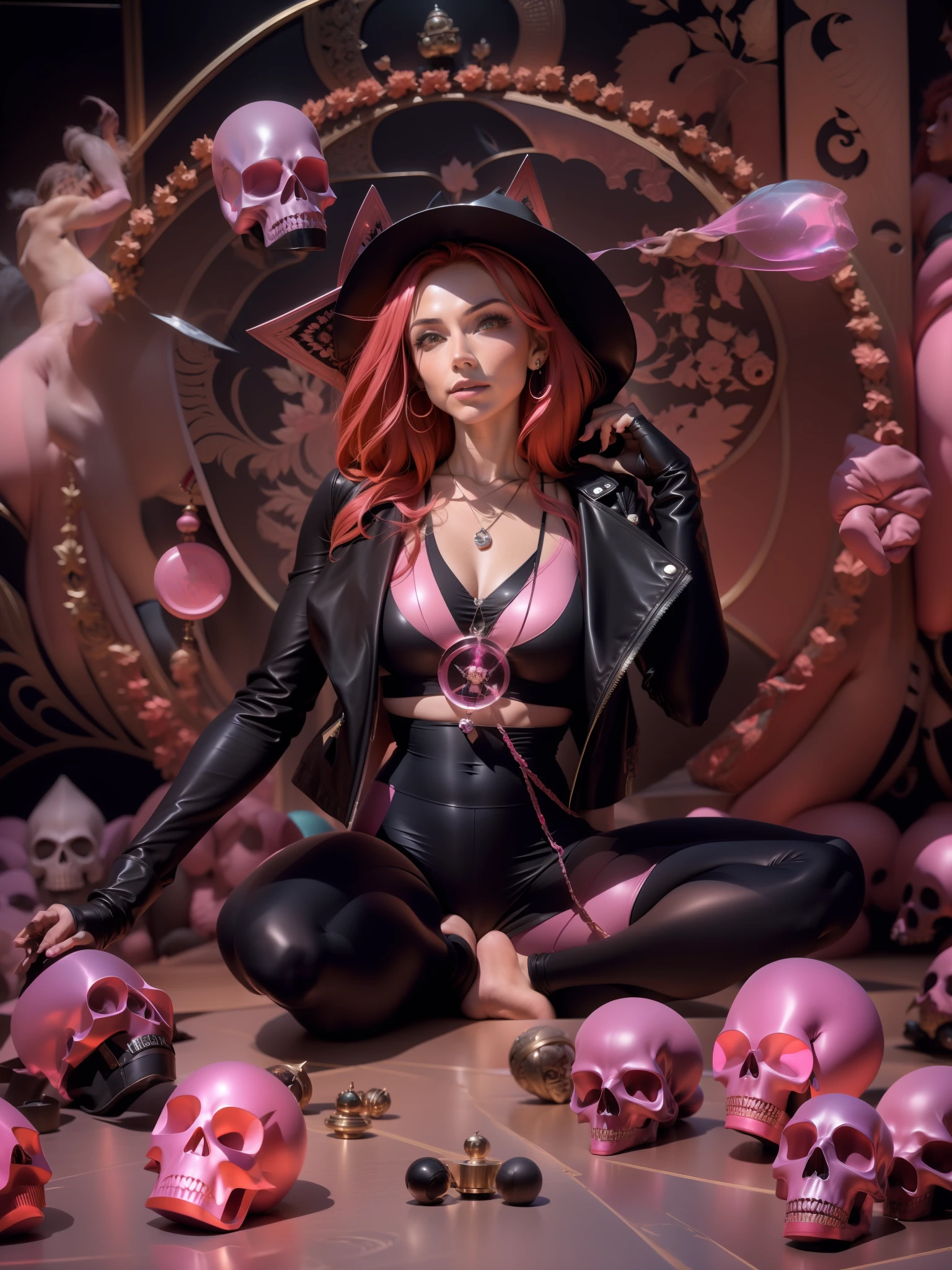 a sexy red-haired witch wearing a modern leather jacket and pink yoga pants, adorned with many magical accessories, casting a red magic circle, with a background of pink smoke and many skulls, in a seductive pose.
black leather jacket, pink yoga pants, black boots, pentagram necklace, crystal earrings, dark background, sultry and mysterious expression, Canon EOS R5 camera, Fujifilm Fujicolor Pro 400H film, 50mm lens, high saturation, Tim Burton, David LaChapelle, Sofia Coppola, Gucci, Alexander McQueen