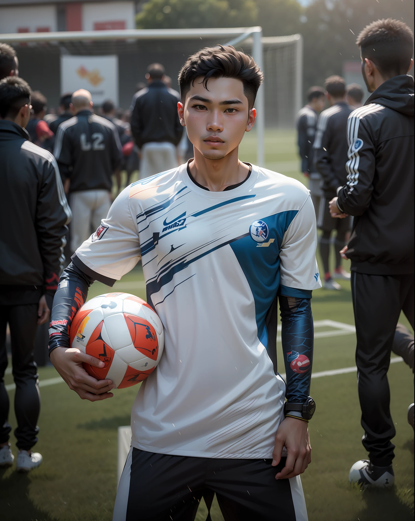 there is a young man holding a soccer ball on a field, mohamed chahin style, thawan duchanee, nivanh chanthara, very very low quality picture, mohamed chahin, dribble contest winner, quy ho, trending dribble, hoang long ly, made with photoshop, bao pham, khyzyl saleem, football player