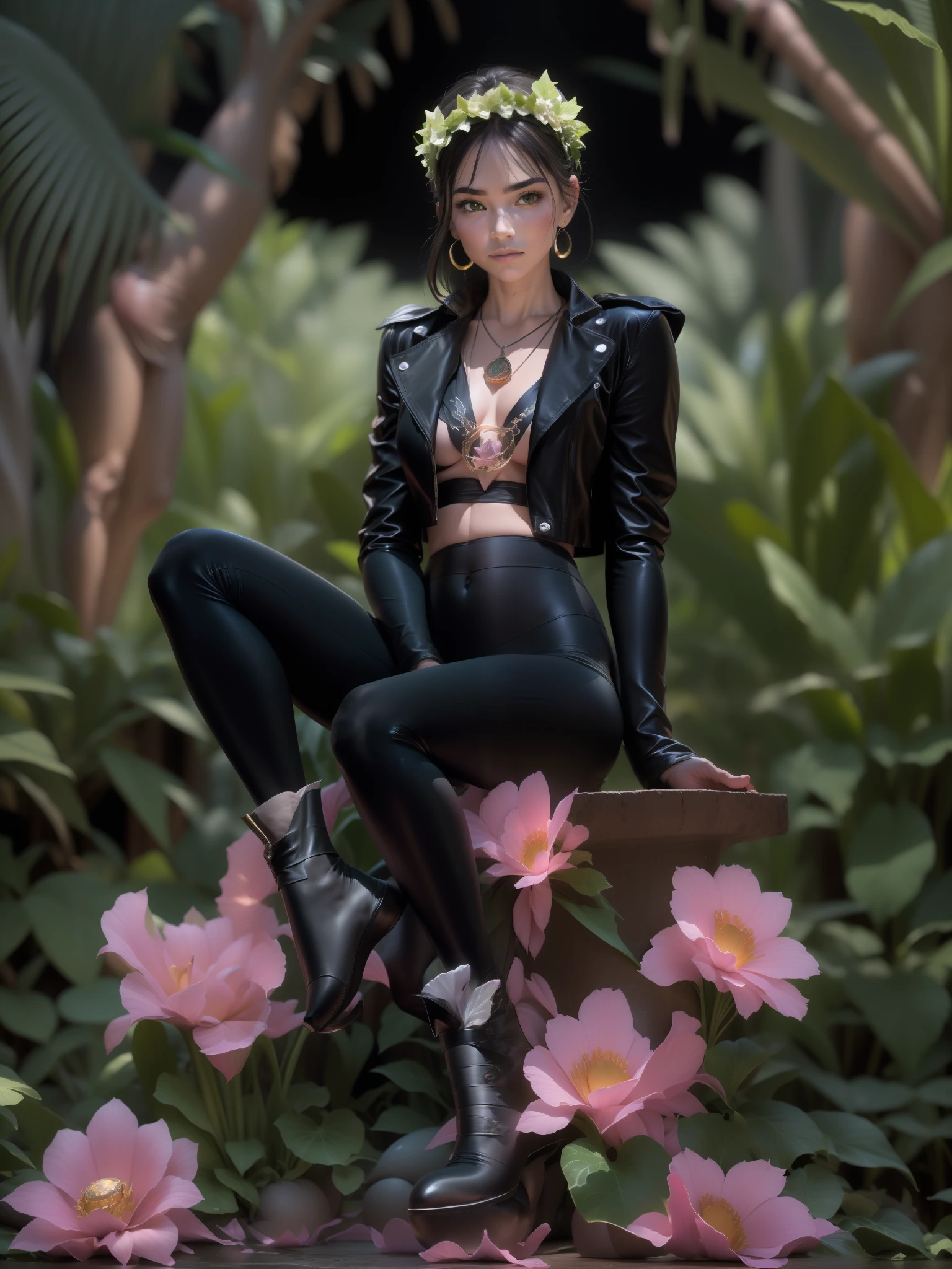 Place one hand on your knee green leafy dress, barefoot, flower crown, jungle background, enigmatic and alluring expression, Hasselblad H6D-100c camera, Kodak Portra 800 film, 80mm lens, shallow depth of field, Tim Walker, David LaChapelle, Sofia Coppola, Alexander McQueen, Gucci
black leather jacket, pink yoga pants, black boots, pentagram necklace, crystal earrings, dark background, sultry and mysterious expression, Canon EOS R5 camera, Fujifilm Fujicolor Pro 400H film, 50mm lens, high saturation, Tim Burton, David LaChapelle, Sofia Coppola, Gucci, Alexander McQueen