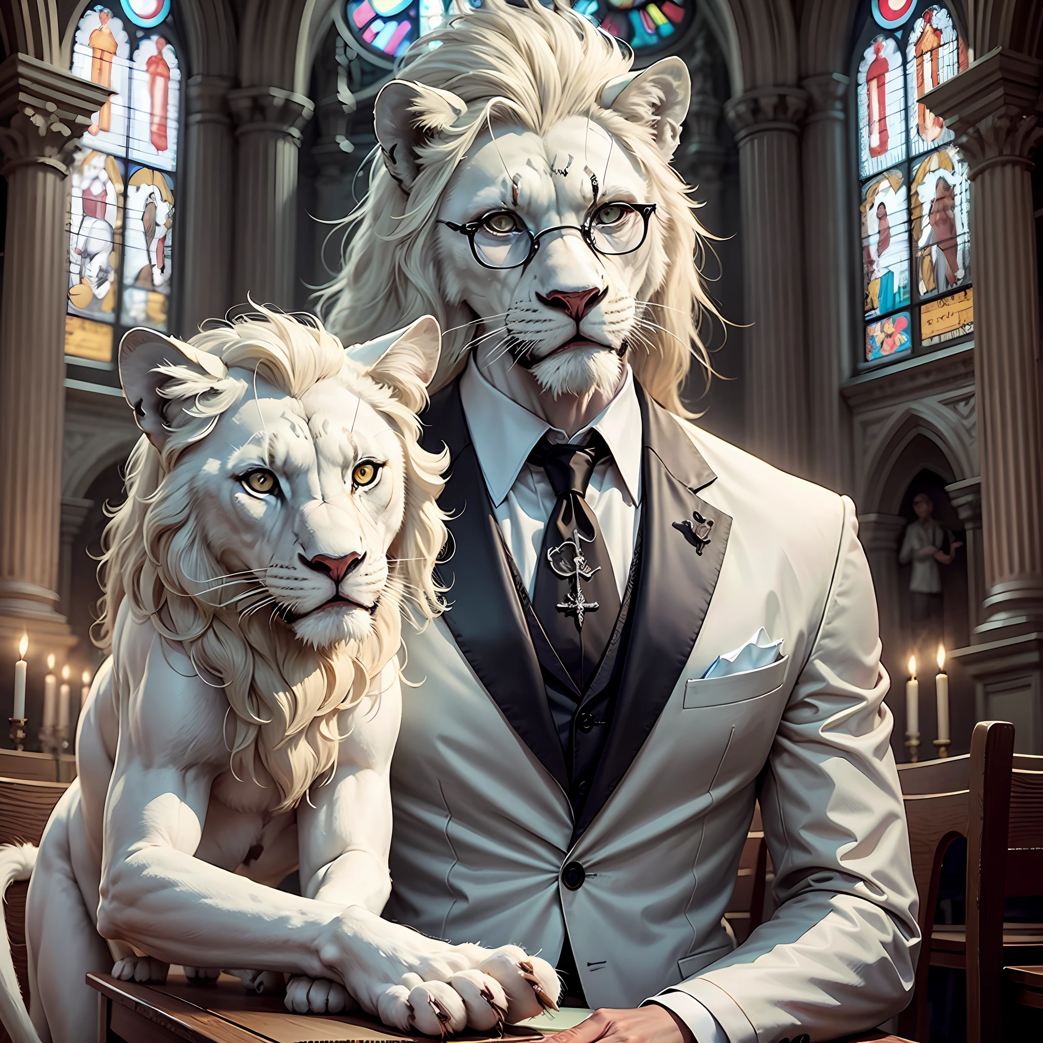 A white lion mafia wearing glasses and a suit in a Gothic church,32k --auto --s2