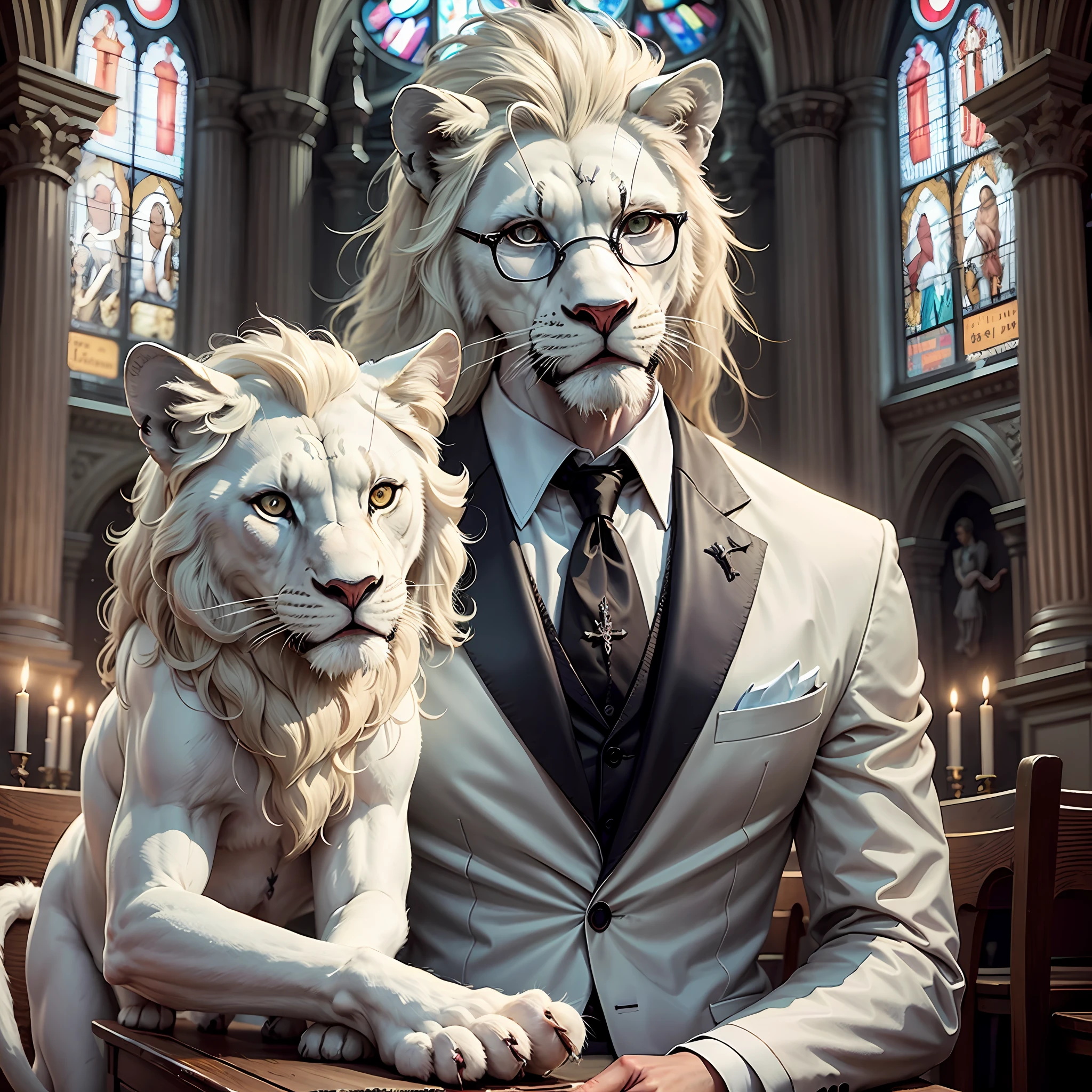 A white lion mafia wearing glasses and a suit in a Gothic church,32k --auto --s2