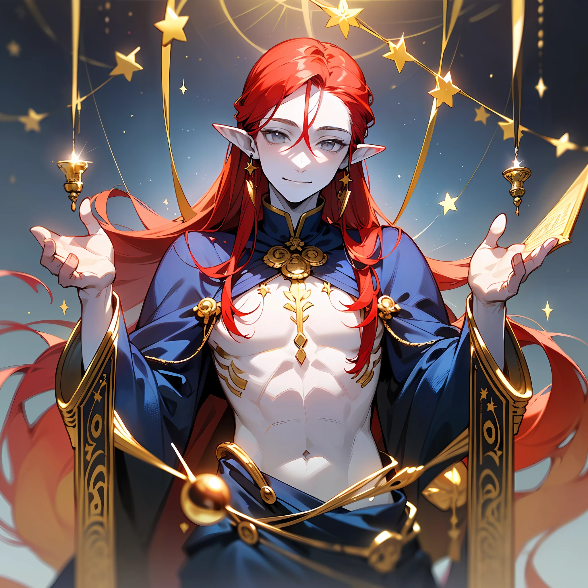 young woman, pale one young man, (((male))), (((man))), (((one person))), (((single))), (((solo))), 1guy, (((very pale skin))), ((pale skin)), (((red hair))), ((red colored hair)), (((grey colored eyes))), long hair, slim body, ((flat chest)), ((wearing fantasy clothes)), ((fantasy style)), (((indigo colored clothes))), (((indigo clothes))), ((black colored clothes)), ((golden details)), ((patterns on clothes)), (((fantasy patterns on clothes))), (((magical patterns on clothes))), ((wearing golden accessories in hair)), ((golden jewellery)), ((pointy ears)), (((grey eyes))), smooth skin, (stars decoration), sun moon decoration, magic, ((male face)), smiling, (((casting a magic spell))), (((casting a spell))), sorcerer