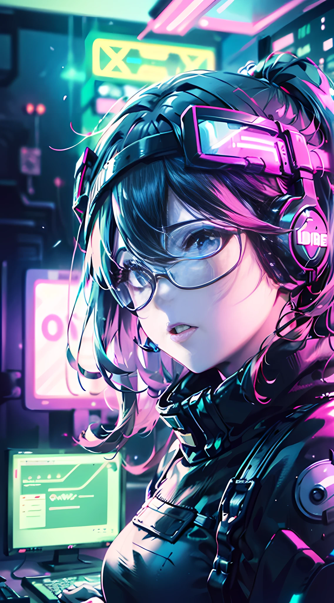 ((Best quality)), ((masterpiece)), (highly detailed:1.3), 3D,NeonNoir, beautiful cyberpunk woman,(wearing head-mounted display that is chunky and hi-tech:1.2),wearing a cape,hacking a computer terminal,PURPLE NEON LIGHT FROM MONITOR, GREEN NEON SIGNS ON THE WALL,