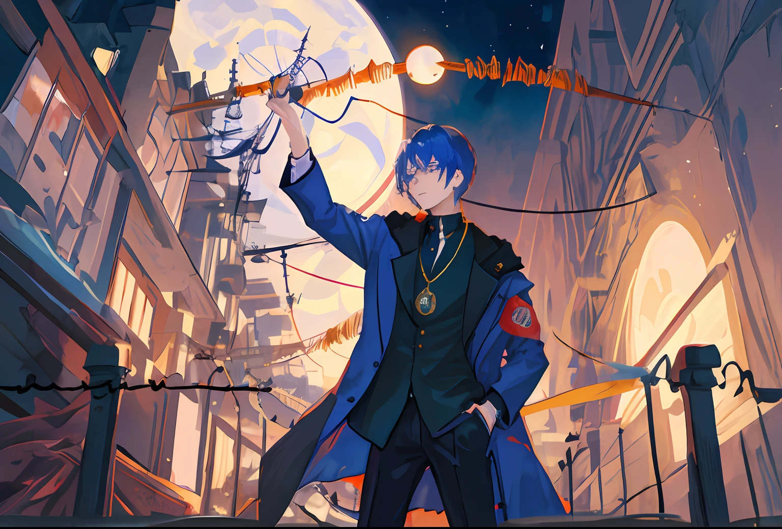 A person radiated a golden glow all around him,In mid-air,There is a golden ring at the back,quadratic element,There are many planets inside that golden ring,The man had a long gun in his hand,The man's left eye radiated a strong light,The right eye exudes endless darkness