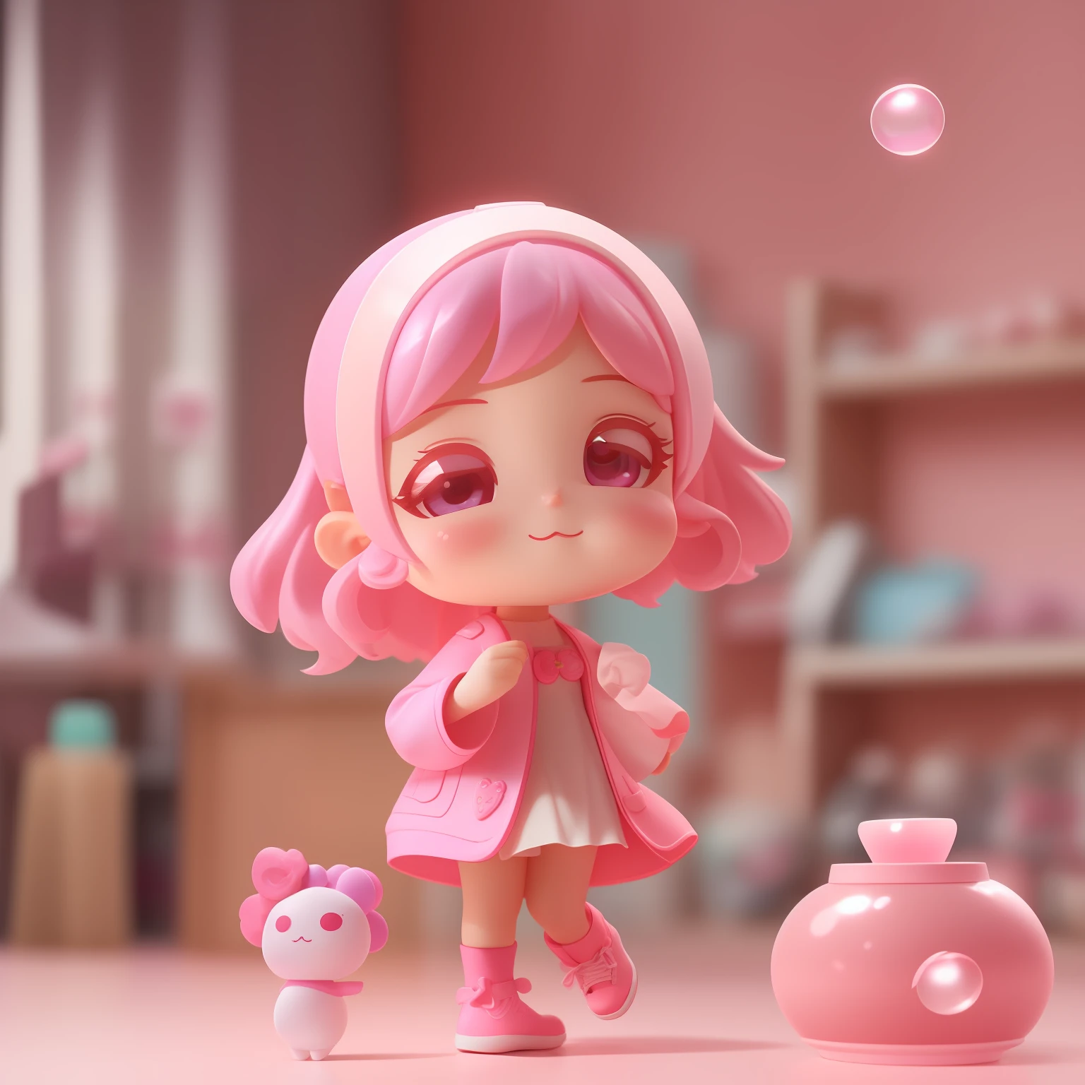 Super cute girl character IP(From Bubble Mart),Pink color,Model style,a blind box toy,delicate glow,clean backdrop,3Drenderingof,Best Picture Quality,4k