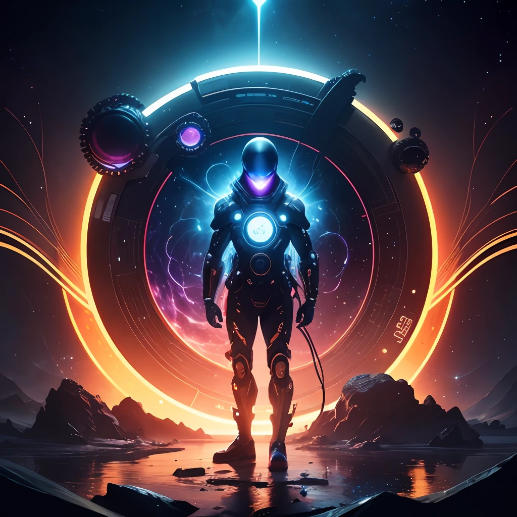 filmposter,Cyber electronic octopus,at centre,Full body like,The background is the ring of cybertech,Rings in the background in the universe,Background outer space,at centre,Wormholes and rivers of stars,sci-fy,cinmatic lighting,The background is the universe,k hd,Masterpiece --Chaos 77 --auto
