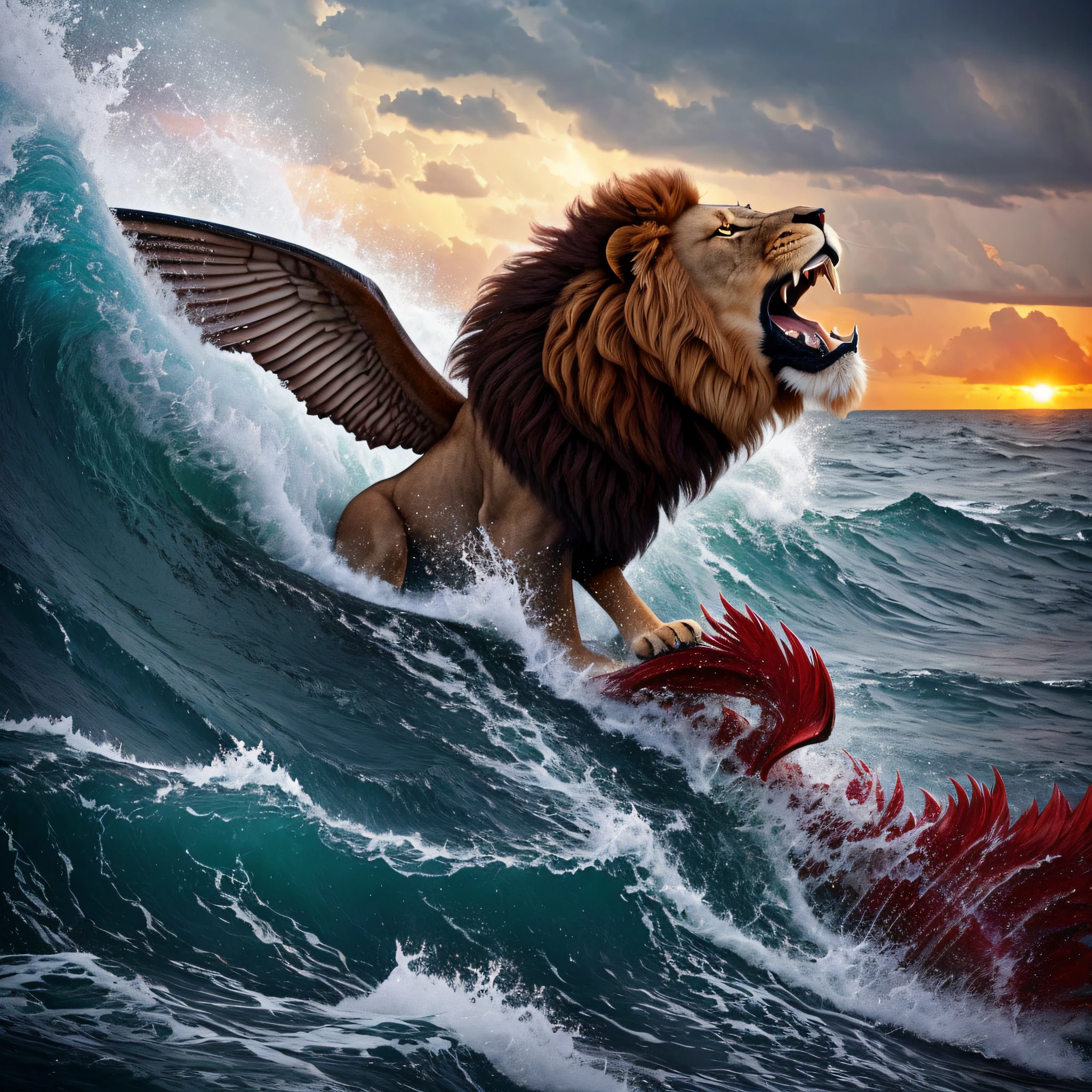 A great lion roaring with fury, com grandes asas majestosas, running on top of the waves of the waters with a big hurricane and dark sky with lightning red fire and very scary, This one lion has big wings.  imagem ultra-detalhado, foto altamente realista --auto