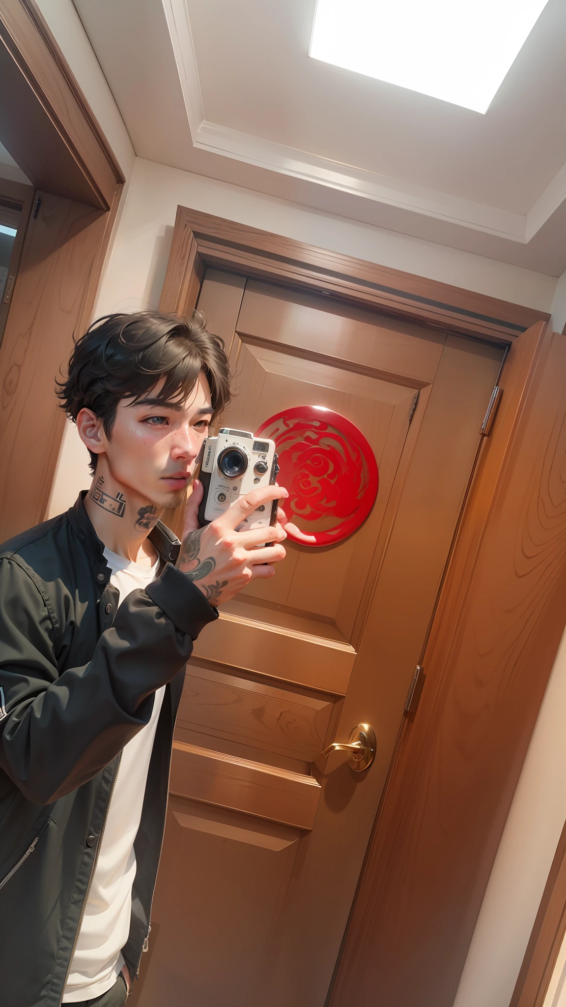A very detailed full-body photo,A young man with medium-long curly hair is hard at work in a restaurant kitchen,Naked and wearing only a dark green apron,a black bowtie,the person in the background,((Extreme closeup)),(pale ),1boys,独奏,(详细的脸),(Perfect detail for the eye:1.1),(highly detailedskin:1.1),high school senior,silver necklace,tattoos on the arms, male people, slim, being thin, being thin, being thin, lean and thin, handsome Chinese rock star, Hot bartender, perfect athletic body, of a shirtless, furry legs, model shoot style, professional photoshooting, realisticlying, cinematic ligh, Realistis, the sunset, Standing in many plants café background, Real human skin, Detailed Skin Pore, highly detailed eye, Detailed skins, skin textures, intricately details, finedetail, RAW, simulating, Sharp focus, primitive, 8K UHD, A high resolution, digital SLR camera, high high quality, 富士XT3, Award-Awarded, tmasterpiece