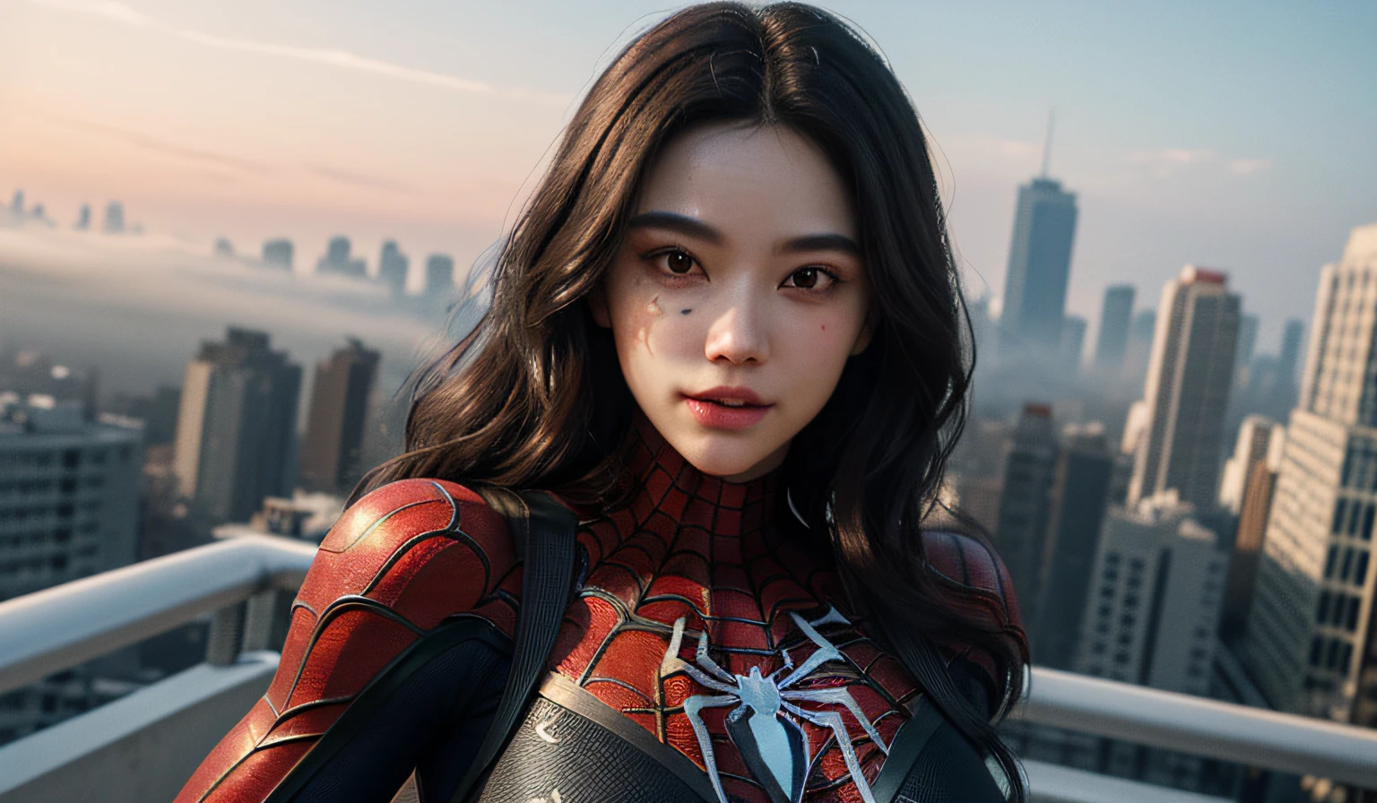 (1girls:1.3), Full body only., ((very detailed face)))), ((very detailed eyes and face))), beautiful detail eyes, Body Parts__, official art, Unified 8k Wallpaper, Super Detailed, beautiful and beautiful, Beautiful, masterpiece, bestquality, original, masterpiece, Super nice shots., bestquality, ultra-high resolution, Realism, sunlight, Full body portrait, Amazing beauty, Dynamic Poses, delicate face, large boobs, Vibrant Eyes, (from the front), She's wearing a Spider-Man costume., Red and black tones, spider, Very detailed city roof background., rooftop, Overlooking the city, detailed face, Complicated messy background details, messy, ornate, milky white, highly detailed skin, realistic skin detail, visible pores, Clear focus, volumetric fog, 8k UHD, DSLR, High Quality, grain of film, Fair-skinned, photo realism, lomography, A giant dystopian metropolis of the future, translucent