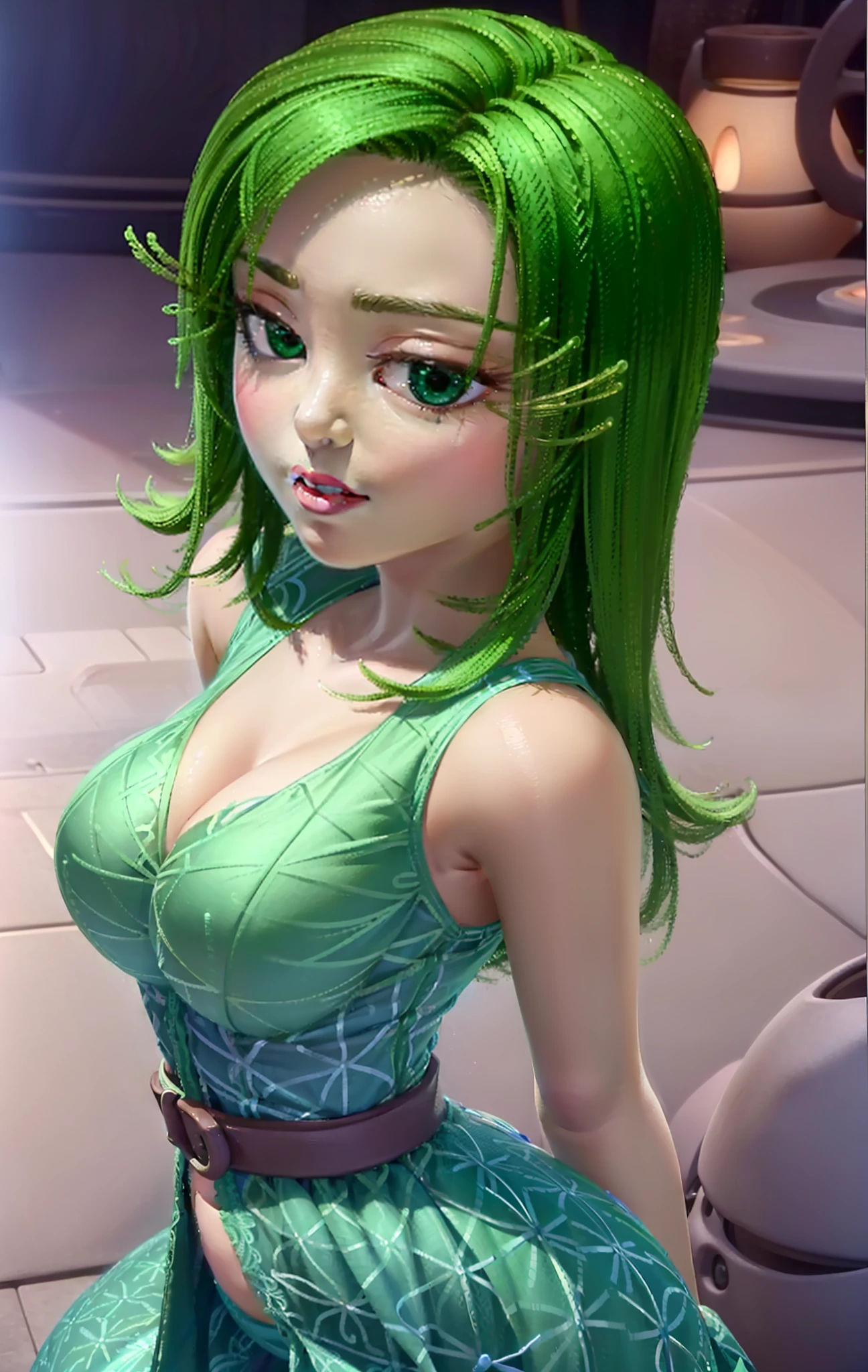 masterpiece, best quality, 1girl, (Disgust_InsideOut, green hair, green skin, pink scarf, dark green dress, eyelashes, (disgust, )),   pixar, cartoon, 3d render, sfw, (parted lips:1.4), (nose blush:1.2), breasts visible, Showing breasts, (cinematic lighting), ((detailed background of a glowing ball pit)), ((high-angle view)), (((three-quarter view))), (half body shadow), [backlighting], [crepuscular ray], [detailed ambient light], [gray natural lighting], [ambient light on the belly], (higher wildlife feral detail), [explict content], [sharp focus], (questionable content), (shaded), ((masterpiece), Commission for High Res, masterpiece, best quality, detailed image, bright colors, detailed face, perfect lighting, perfect shadows, perfect eyes, girl focus, flawless face, gorgeous body, shiny body, center focus, gaze at the viewer, 1girl, solo, (masterpiece:1.21), (best quality:1.2), (illustration:1.2), (cinematic lighting:1.3), balanced coloring, global illumination, ray tracing, good lighting, cleavage, attractive body, sexy body, looking at viewer, SFW