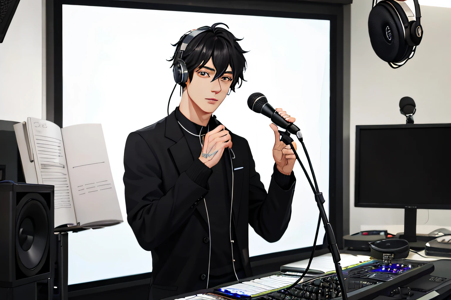 In the studio，handsome，Artistic boys，black color hair，with headphones on，Hold the recording microphone in your hand，