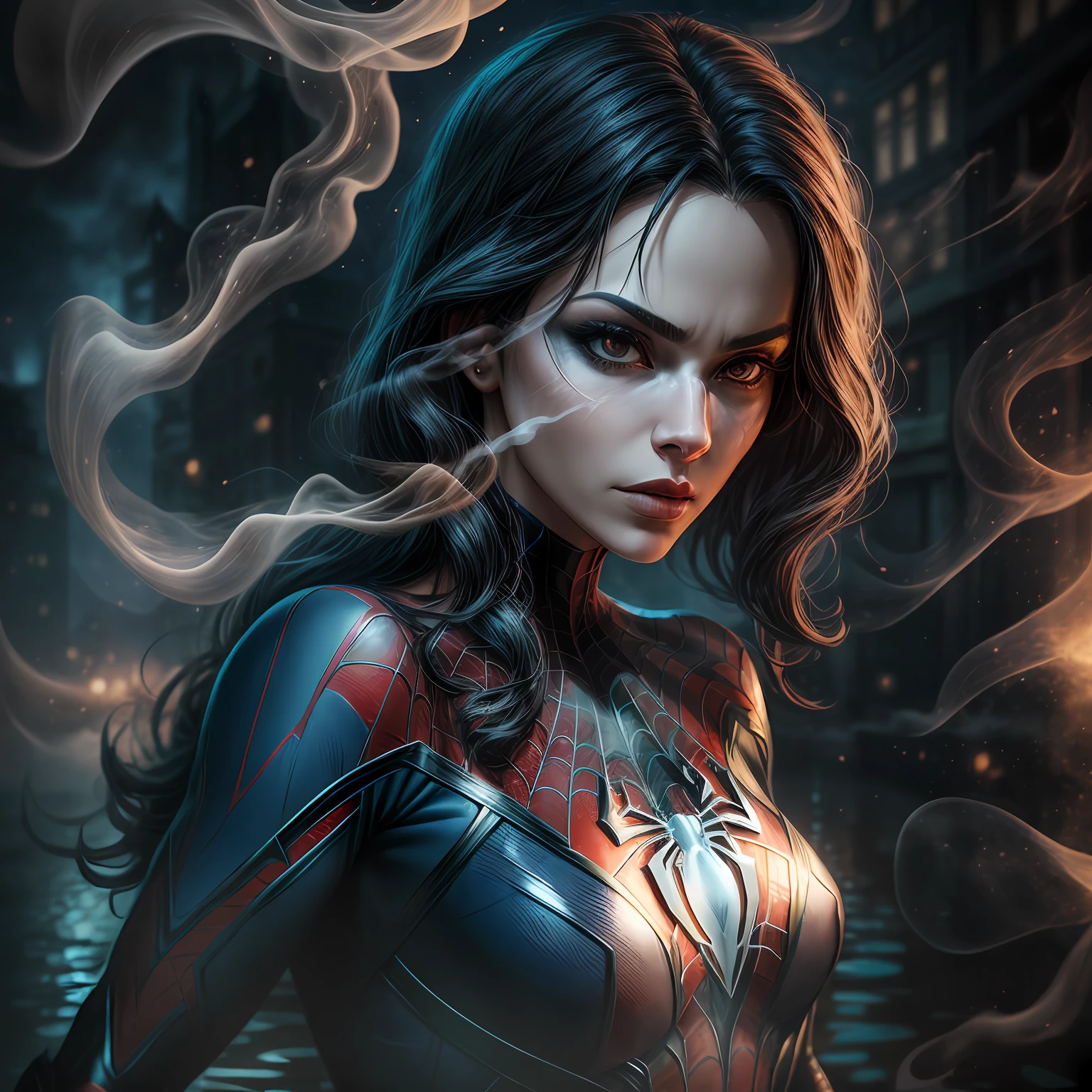 close up, Spider-Woman из Marvel Comics, Ghost, Dark, gotik, 3d, Ultra Detailed, blue transparent smoke around, realistic style, Old Night Pond, full - body,