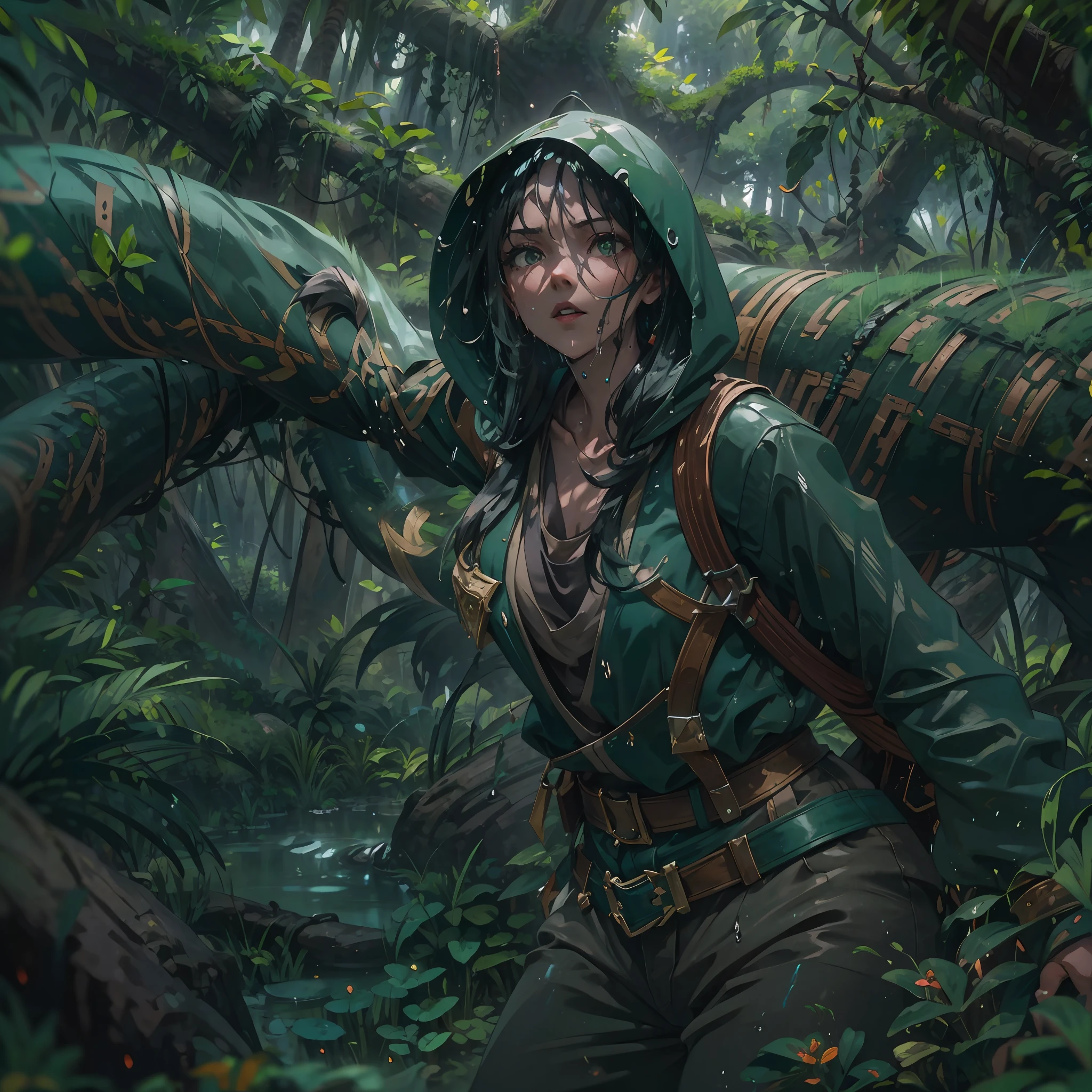 one-girl，Beautiful close-up((adventurer)),jungles,oases,giant and wet trees，Hood，Jungle adventure，green snake，actionpose，Combat atmosphere，best qualtiy，8K,Cinematic lighting effects，Textured skin，best qualtiy，Storytelling images，dynamic blur，