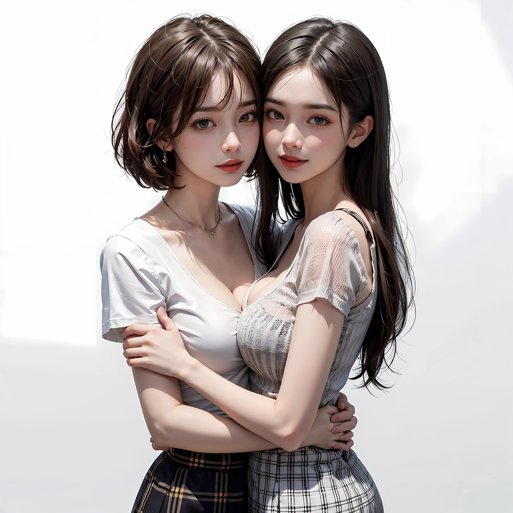 Two people facing each other and hugging happily、Two people hugging each other happily、Two people hugging each other tightly、Two people put their cheeks together、Two people touching cheeks with cheeks、Both of them stare intently at the camera、Look firmly at the camera、Lesbian couple、Lily couple、((Bring your cheeks together、30-years old、Both supermodels are 190cm tall))、Two pretty and pretty girls、masterpiece、top-quality、realisticlying、realisitic、Seductive bright smile、Both of them have short clean hair with bangs、bangss、bangss、Both have short hair、clean hair with bangs、Short sleeve collar shirt with collar、Collared shirt、(Plaid pleated skirt)、enticing eyes、Both have very large breasts、very Bigger breasts、Big ass、big breasts thin waist、(cleavage of the breast)、(Immaculate white background with nothing really)、ighly detailed、Very tall、neck long、the neck is long、Straighten your back、Put your ears out、Highlights in the eyes、lipgloss、glowy skin、White-colored skin、Clean collarbone、closes mouth、Close your mouth and smile、Happily、Nice proportions、lovely、Charming and endearing、Colorful random collar shirt、Colorful random color skirt、Do not add shadows、No shadows、No shadows on the face、natural soft light、natural soft light、Gentle light