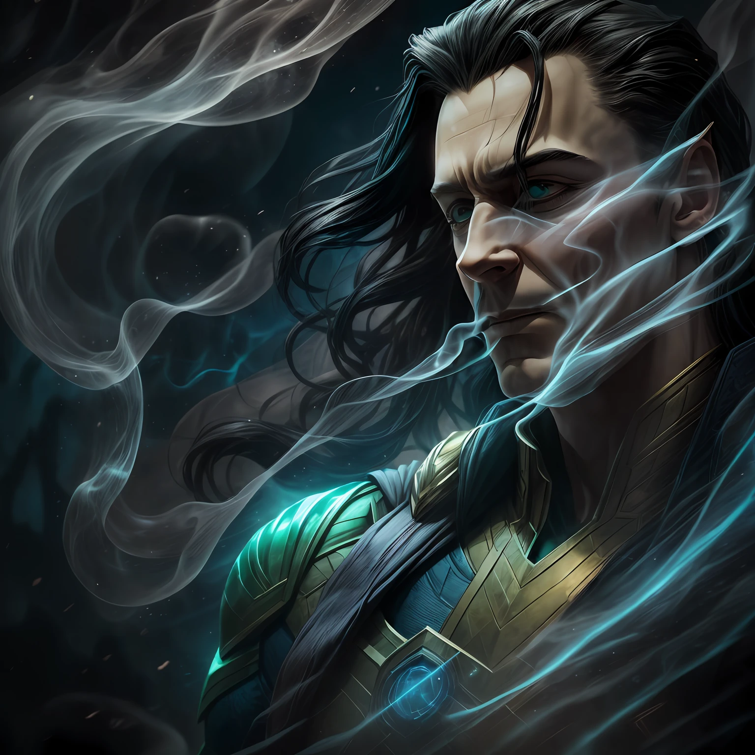 close up, Loki из Marvel Comics, Ghost, Dark, gotik, 3d, Ultra Detailed, blue transparent smoke around, realistic style, Old Night Pond, full - body,