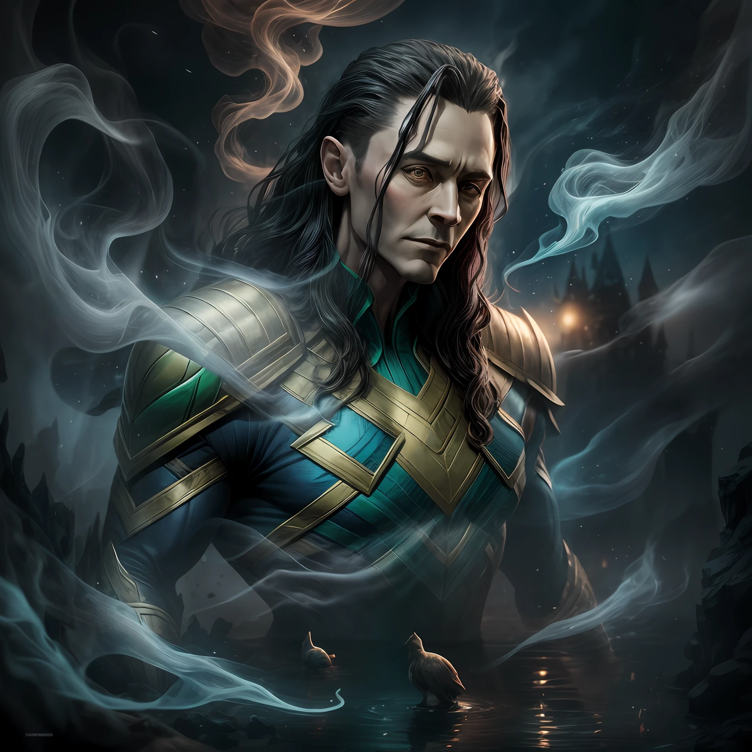 close up, Loki из Marvel Comics, Ghost, Dark, gotik, 3d, Ultra Detailed, blue transparent smoke around, realistic style, Old Night Pond, full - body,