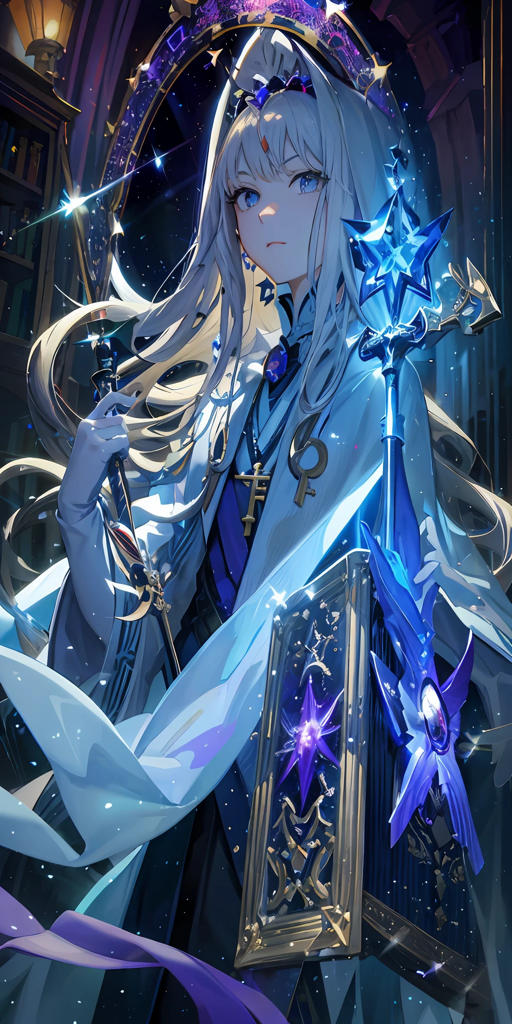 anime character with white hair and blue eyes holding a sword, a character portrait by Shitao, pixiv contest winner, neo-romanticism, Keqing from Genshin Impact, Official artwork, Key anime art, high detailed official artwork, Detailed key anime art, trending on artstation pixiv, dapper dream demon, Official anime artwork, offcial art, Kawasi