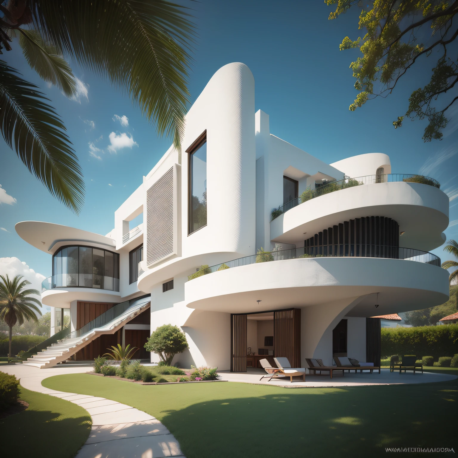 Arquitectura moderna, futuristic and organic of a Spanish colonial house, casa de luxo numa paisagem do  Ribatejo, muitos sobreiros e pinheiros, alguns tufos de alfazema na paisagem, ao fundo de arquitectura moderna e futuristica uma casa estilo colonial de luxo, arquitectura de casa colonial ,  arquitectura moderna, muitas arvores e algumas rochas, fotorealismo, muito detalhe