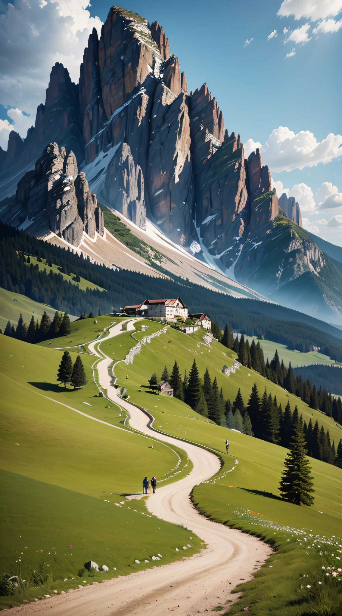 There is a small road up the hill, The background is a mountain, time to climb the mountain path, in the dolomites, dolomites, Leads to the sky, giant imposing mountain, dolomites in background, grass spiral mountain landscape, dolomites in background, stairway to heaven, the mountain is steep, steps leading down, leading to a beautiful, pedestrian walkway, Surrealism, high detail, cinematic lighting, f/16, 35mm, Hasselblad, Fujifilm, Sony FE GM, UHD, retina, masterpiece, ccurate, anatomically correct, textured skin, super detail, high details, high quality, award winning, best quality, highres, 8k --auto