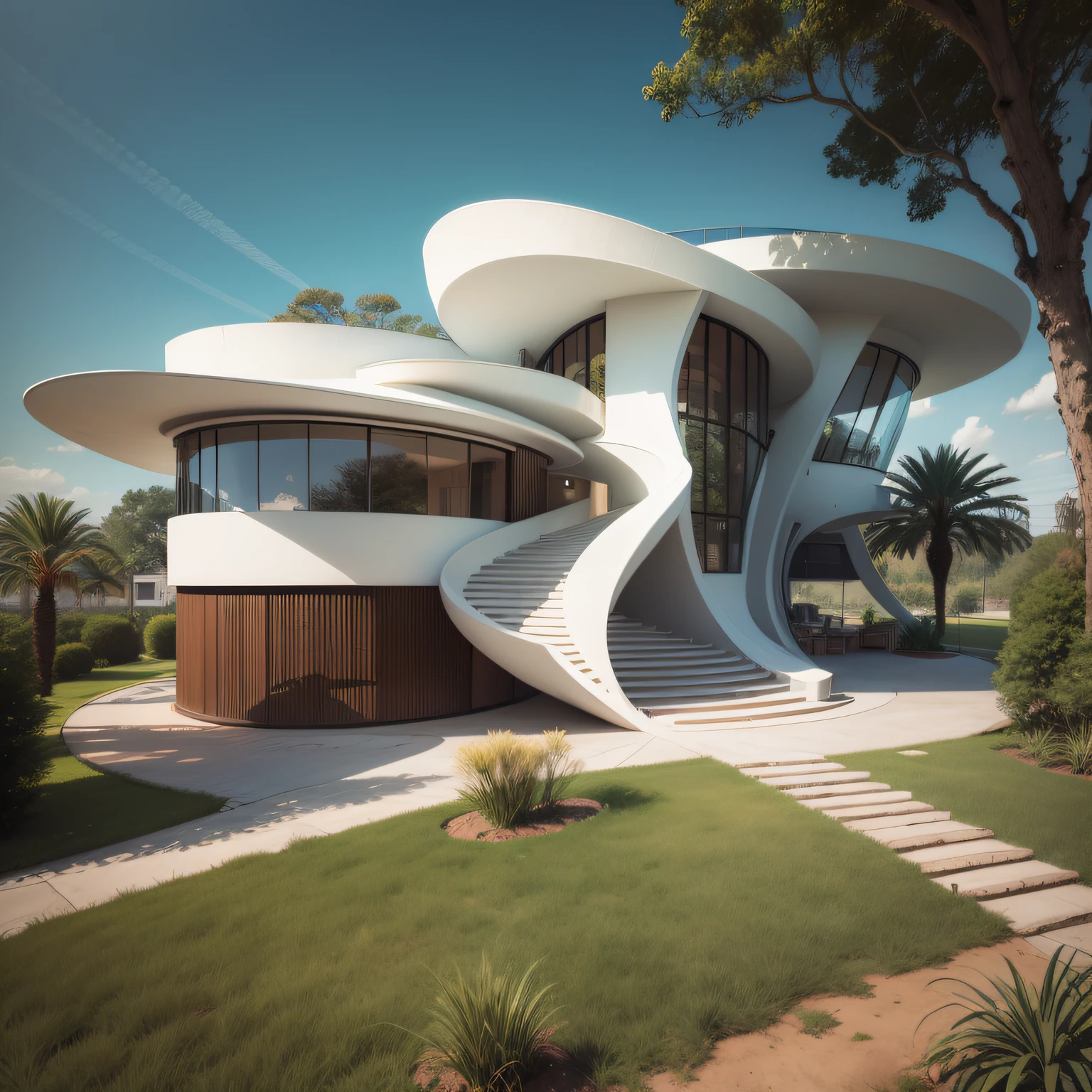 Arquitectura moderna, futuristic and organic of a Spanish colonial house, casa de luxo numa paisagem do Ribatejo, muitos sobreiros e pinheiros, alguns tufos de alfazema na paisagem, ao fundo de arquitectura moderna e futuristica uma casa estilo colonial de luxo, arquitectura de casa colonial , arquitectura moderna, muitas arvores e algumas rochas, fotorealismo, muito detalhe