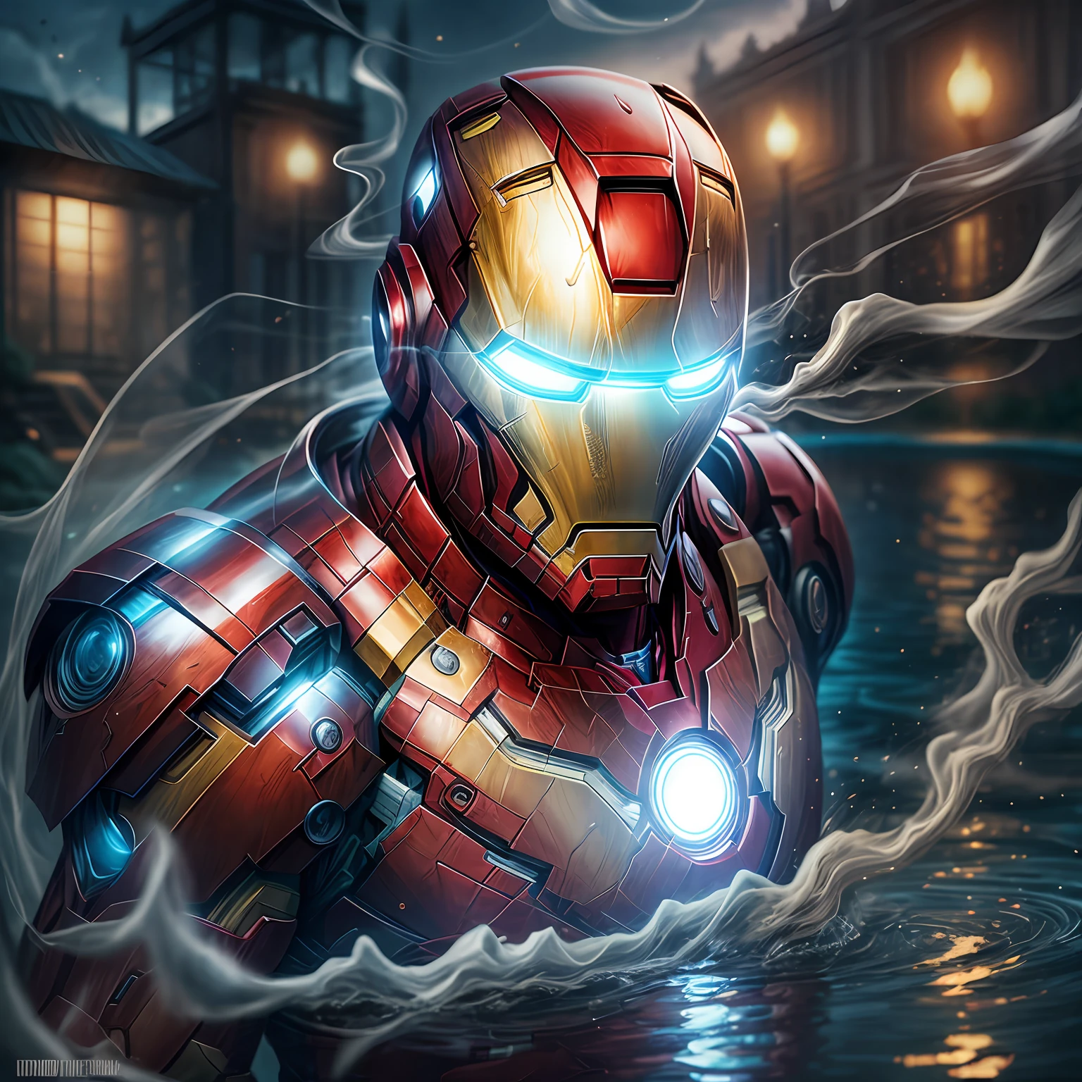 close up, Iron Man из Marvel Comics, Ghost, Dark, gotik, 3d, Ultra Detailed, blue transparent smoke around, realistic style, Old Night Pond, full - body,