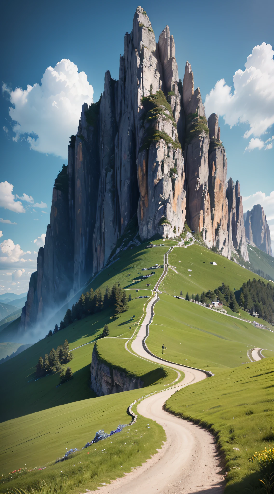 There is a small road up the hill, The background is a mountain, time to climb the mountain path, in the dolomites, dolomites, Leads to the sky, giant imposing mountain, dolomites in background, grass spiral mountain landscape, dolomites in background, stairway to heaven, the mountain is steep, steps leading down, leading to a beautiful, pedestrian walkway, Surrealism, high detail, cinematic lighting, f/16, 35mm, Hasselblad, Fujifilm, Sony FE GM, UHD, retina, masterpiece, ccurate, anatomically correct, textured skin, super detail, high details, high quality, award winning, best quality, highres, 8k --auto