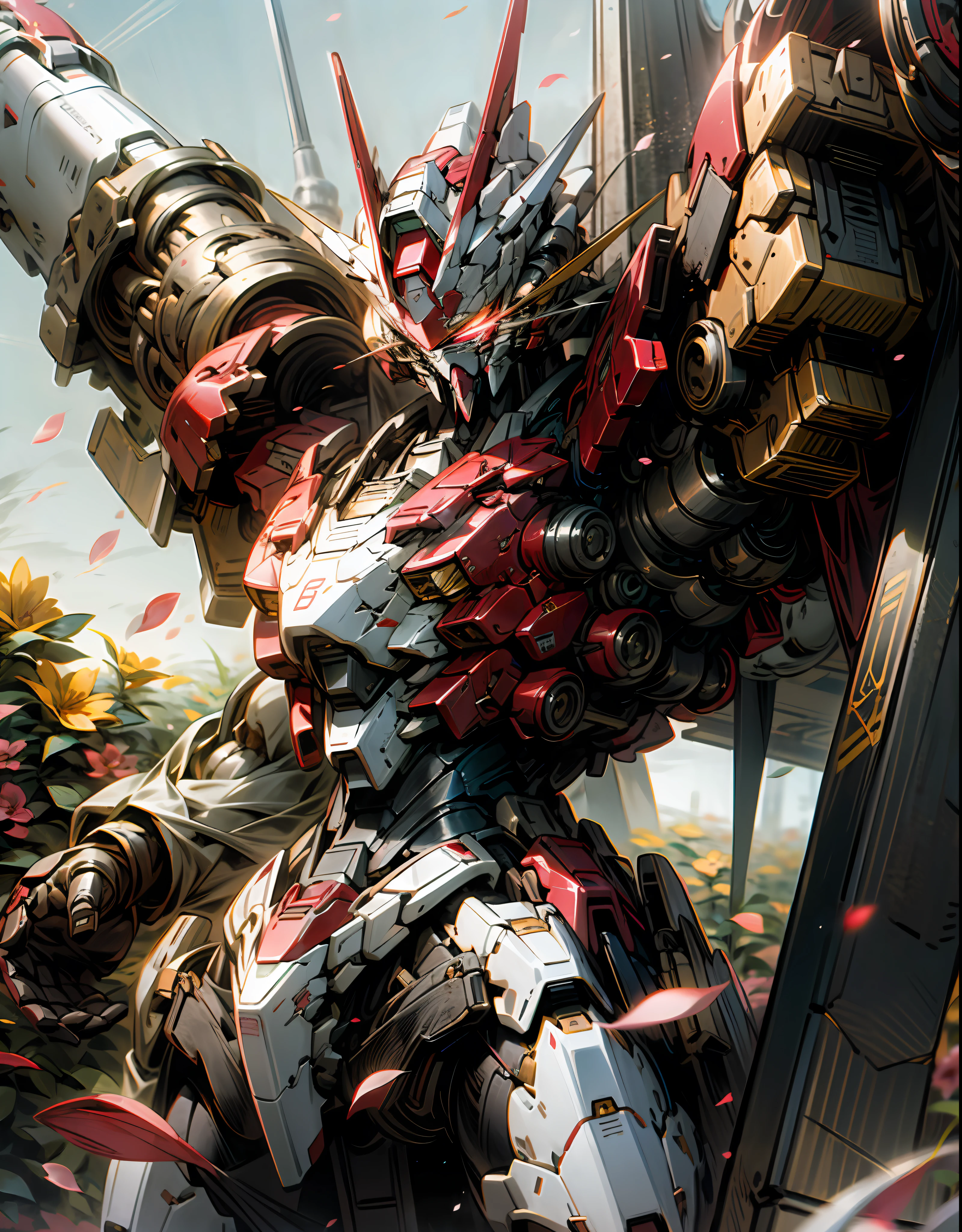 Red Gundam stands on a flower field，
An imposing figure，
Its crimson armor contrasts with the pastel tones of the petals below，
Exudes a feeling of strength and strength。
Peaceful environment，
The flowers sway gently in the breeze
And the clear blue sky above