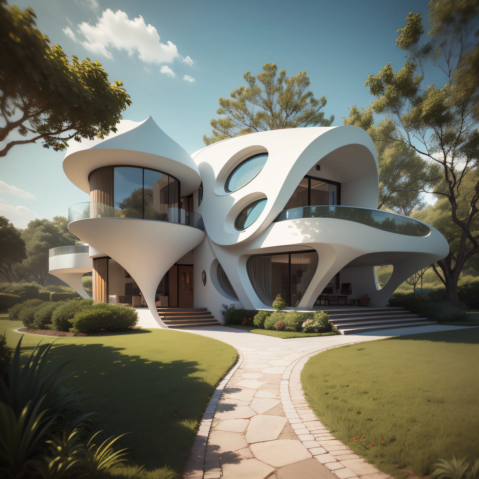 Arquitectura moderna, futuristic and organic of a Spanish colonial house, casa de luxo numa paisagem do Ribatejo, muitos sobreiros e pinheiros, alguns tufos de alfazema na paisagem, ao fundo de arquitectura moderna e futuristica uma casa estilo colonial de luxo, arquitectura de casa colonial , arquitectura moderna, muitas arvores e algumas rochas, fotorealismo, muito detalhe