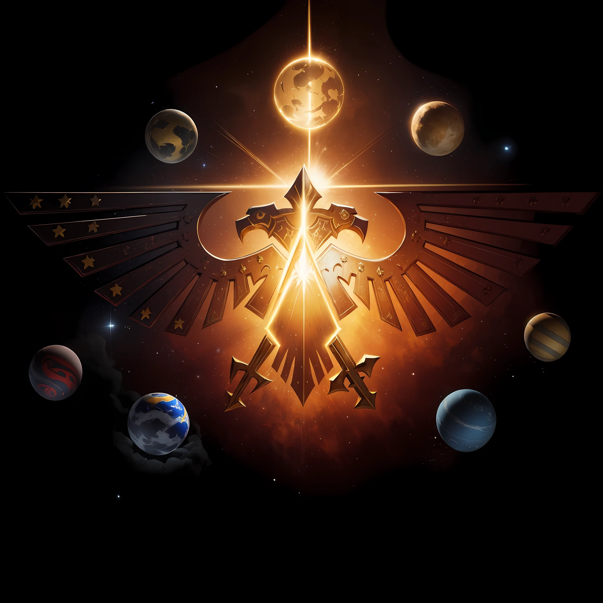 "Warhammer 40k: A majestic golden Akvilla, the emblem of the Imperian eagle, showcasing the glorious crest of arms of the Russian Federation, surrounded by a stunning arrangement of seven planets. Set against a striking black background."