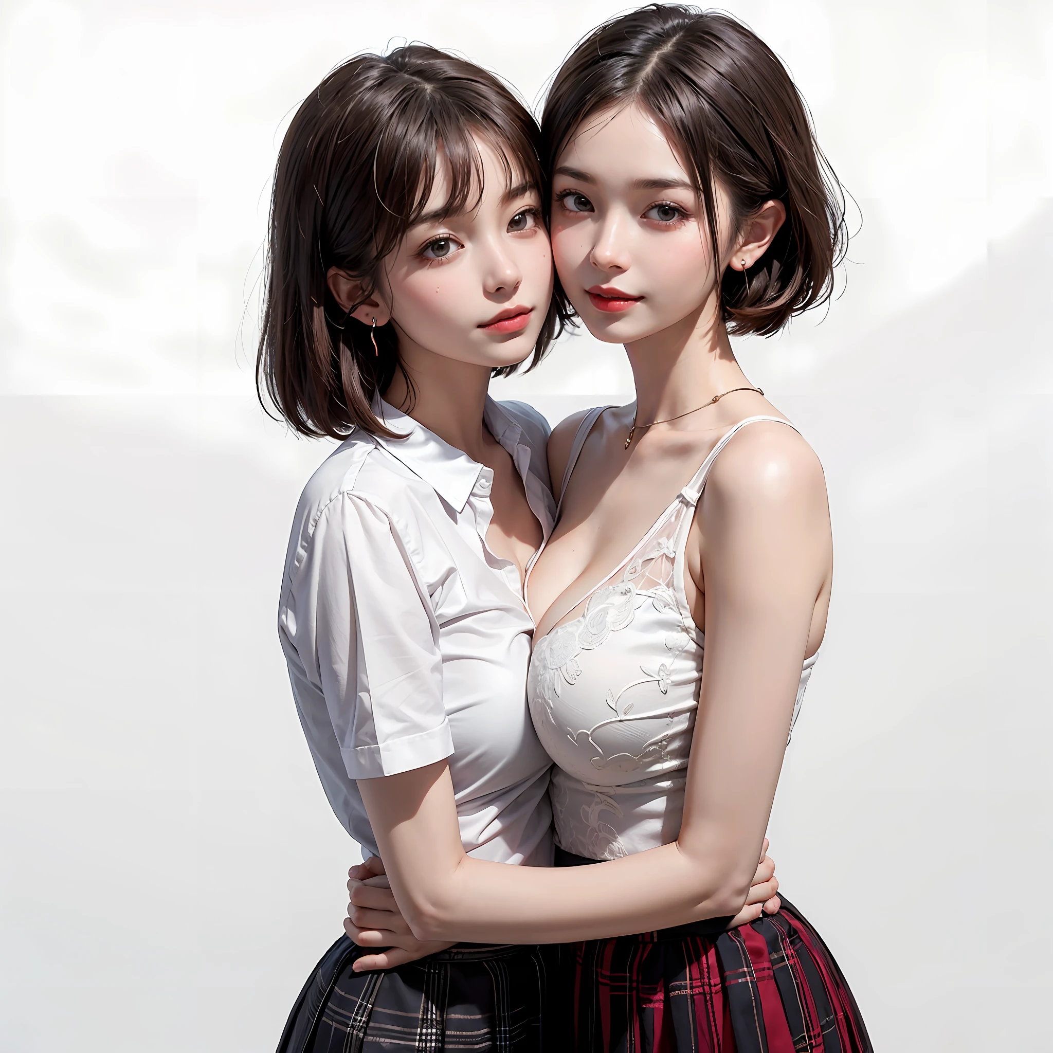 Two people facing each other and hugging happily、Two people hugging each other happily、Two people hugging each other tightly、Two people put their cheeks together、Two people touching cheeks with cheeks、Both of them stare intently at the camera、Look firmly at the camera、Lesbian couple、Lily couple、((Bring your cheeks together、30-years old、Both supermodels are 190cm tall))、Two pretty and pretty girls、masterpiece、top-quality、realisticlying、realisitic、Seductive bright smile、Both of them have short clean hair with bangs、bangss、bangss、Both have short hair、clean hair with bangs、Short sleeve collar shirt with collar、Collared shirt、(Plaid pleated skirt)、enticing eyes、Both have very large breasts、very Bigger breasts、Big ass、big breasts thin waist、(cleavage of the breast)、(Immaculate white background with nothing really)、ighly detailed、Very tall、neck long、the neck is long、Straighten your back、Put your ears out、Highlights in the eyes、lipgloss、glowy skin、White-colored skin、Clean collarbone、closes mouth、Close your mouth and smile、Happily、Nice proportions、lovely、Charming and endearing、Colorful random collar shirt、Colorful random color skirt、Do not add shadows、No shadows、No shadows on the face、natural soft light、natural soft light、Gentle light