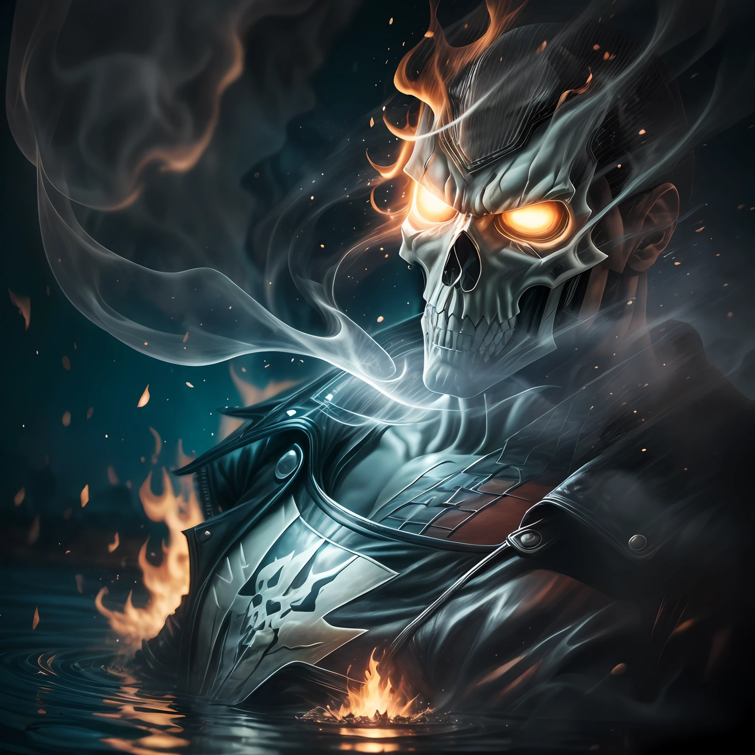 close up, Ghost Rider из Marvel Comics, Ghost, Dark, gotik, 3d, Ultra Detailed, blue transparent smoke around, realistic style, Old Night Pond, full - body,