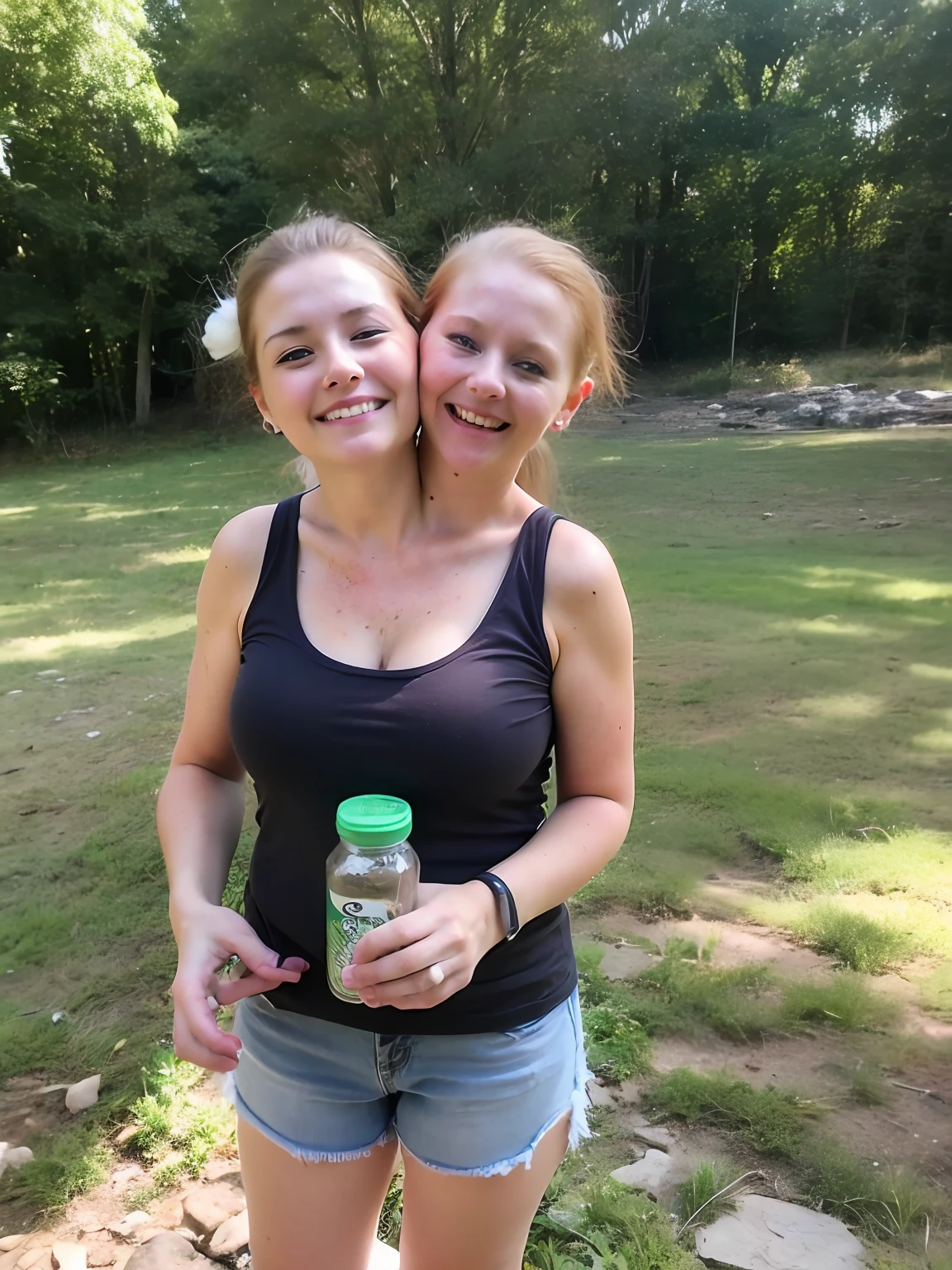 2heads, two headed girl, mom and daughter, (different ages:1.5), (one torso:1.5), (female:1.5), (redhead:1.4), (ager:1.4), (caucasian:1.5), (two heads on one body:1.4), conjoined twins, heads side by side, one torso, young, uncomfortable, barefoot