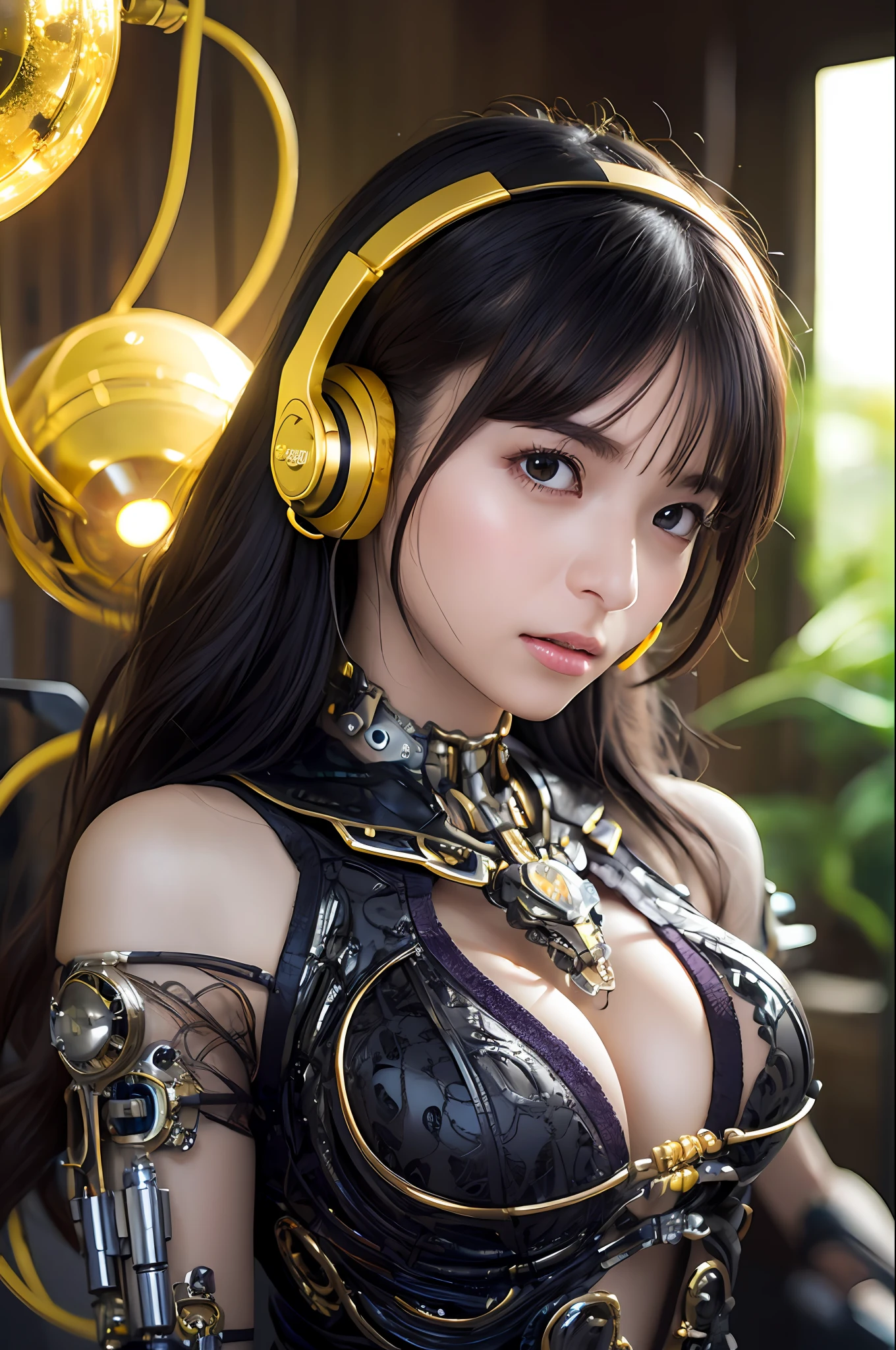 top-quality、​masterpiece、超A high resolution、(Photorealsitic:1.4)、Raw photo、Black hair、glowy skin、1 Cyborg Girl、((super realistic details))、portlate、Global Illumination、Shadow、octan render、8K、ultrasharp、Colossal tits、Raw skin is exposed in cleavage、Bionic Cyborg Girl、Black fiberglass body、Details of intricate ornaments of golden color、Insect specifics、Biological curve form、Golden hydraulic cylinder、highly intricate detail、Realistic light、CGSoation Trends、a purple eye、radiant eyes、Facing the camera、neon details、blood vessels connected to tubes、Mechanical vertebrae attached to the back、mechanical cervical attaching to neck、sitting on、Wires and cables connecting to the head、Gorgeous headset、Glowing LED lamp、The background is a steampunk room、