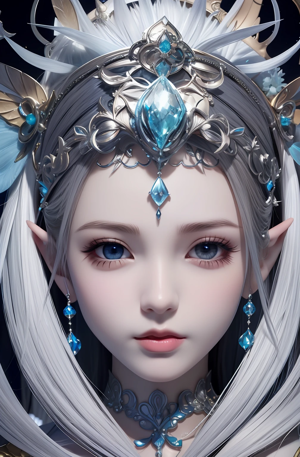 a close up of a woman with a tia on her head, beautiful and elegant elf queen, 2. 5 D CGI anime fantasy artwork, 4 K detail fantasy, hyper-detailed fantasy character, portrait of very beautiful elf, detailed fantasy art, portrait of an elf queen, Art germ. High detail, 4K fantasy art, detailed fantasy digital art, artgerm detailed、long whitr hair、Human ears、There are no long hair on the sides
